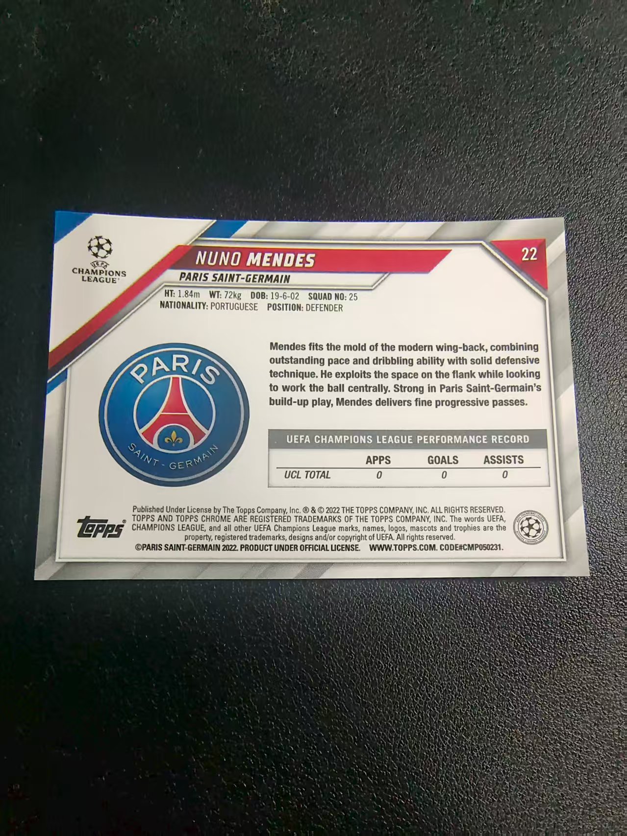 【可合并,不累计】2022 Topps Chrome Nuno Mendes RC 努诺 门德斯 新秀 巴黎 欧冠 边角瑕疵 #22