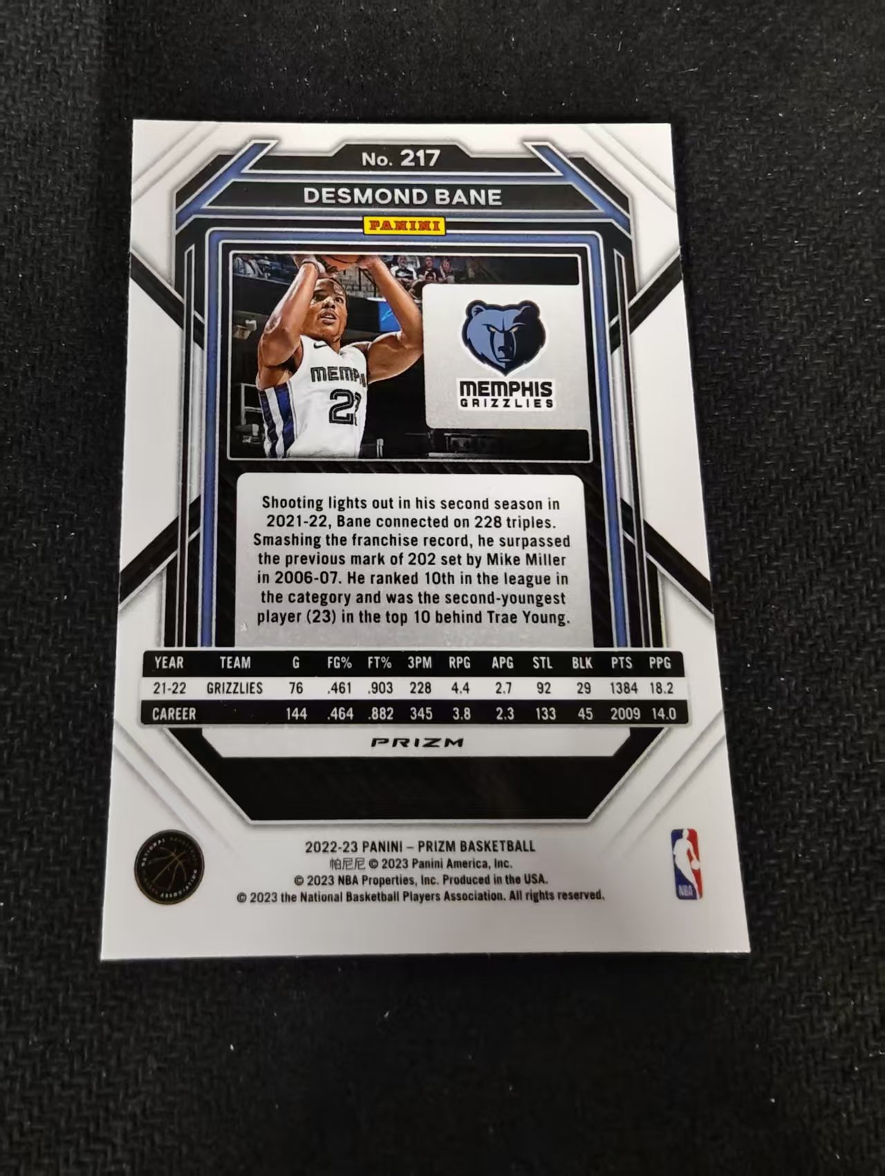 2022-23 Panini Prizm Desmond Bane 德斯蒙德 贝恩 灰熊 红波纹 PZ 划痕 边角瑕疵 #217