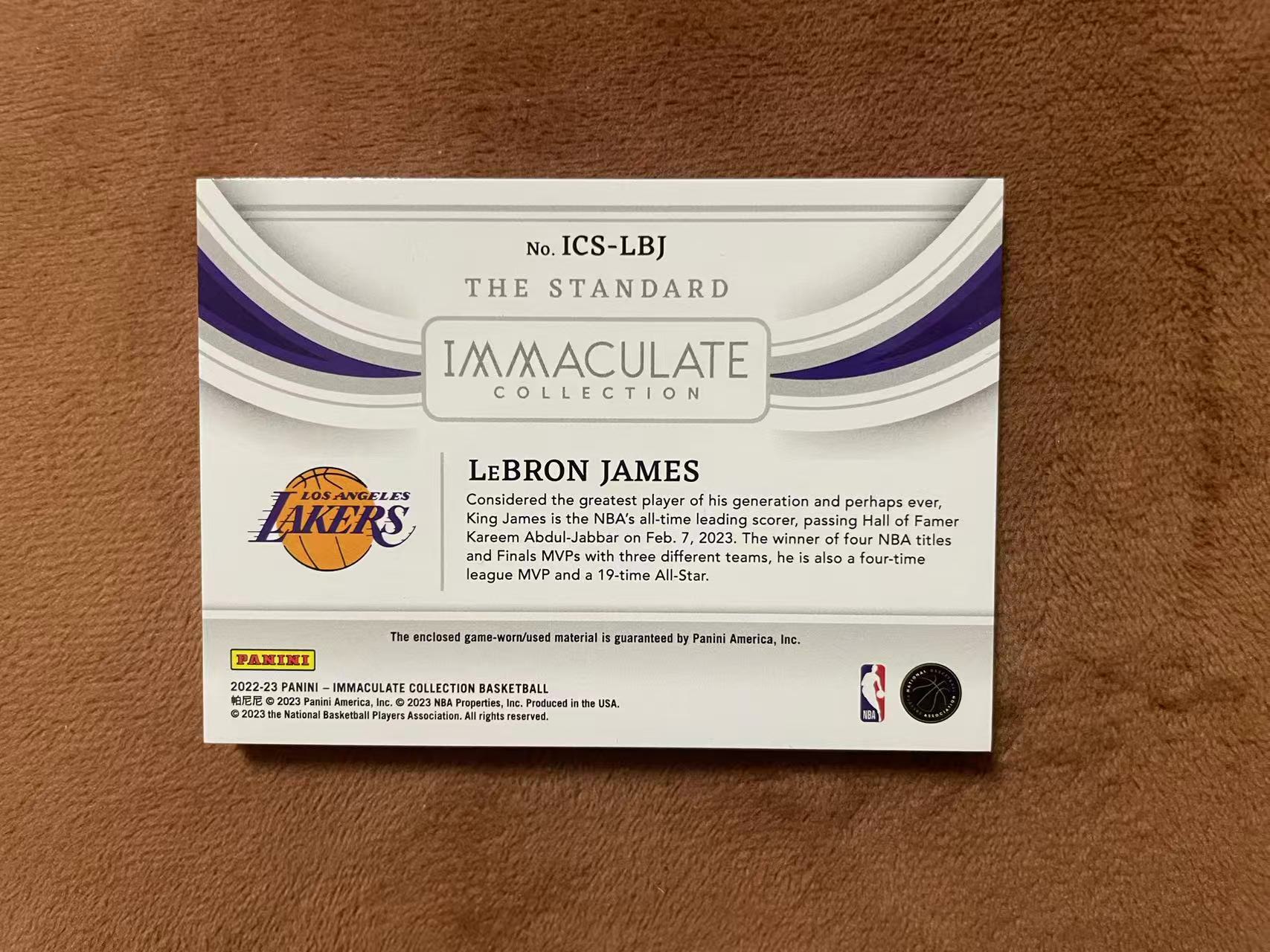 2022-23 Panini Immaculate LeBron James imm 爱咪咪 湖人 勒布朗 詹姆斯 The Standard 大窗GU球衣 落场切割 99编带编 詹皇 历史得分王【z】