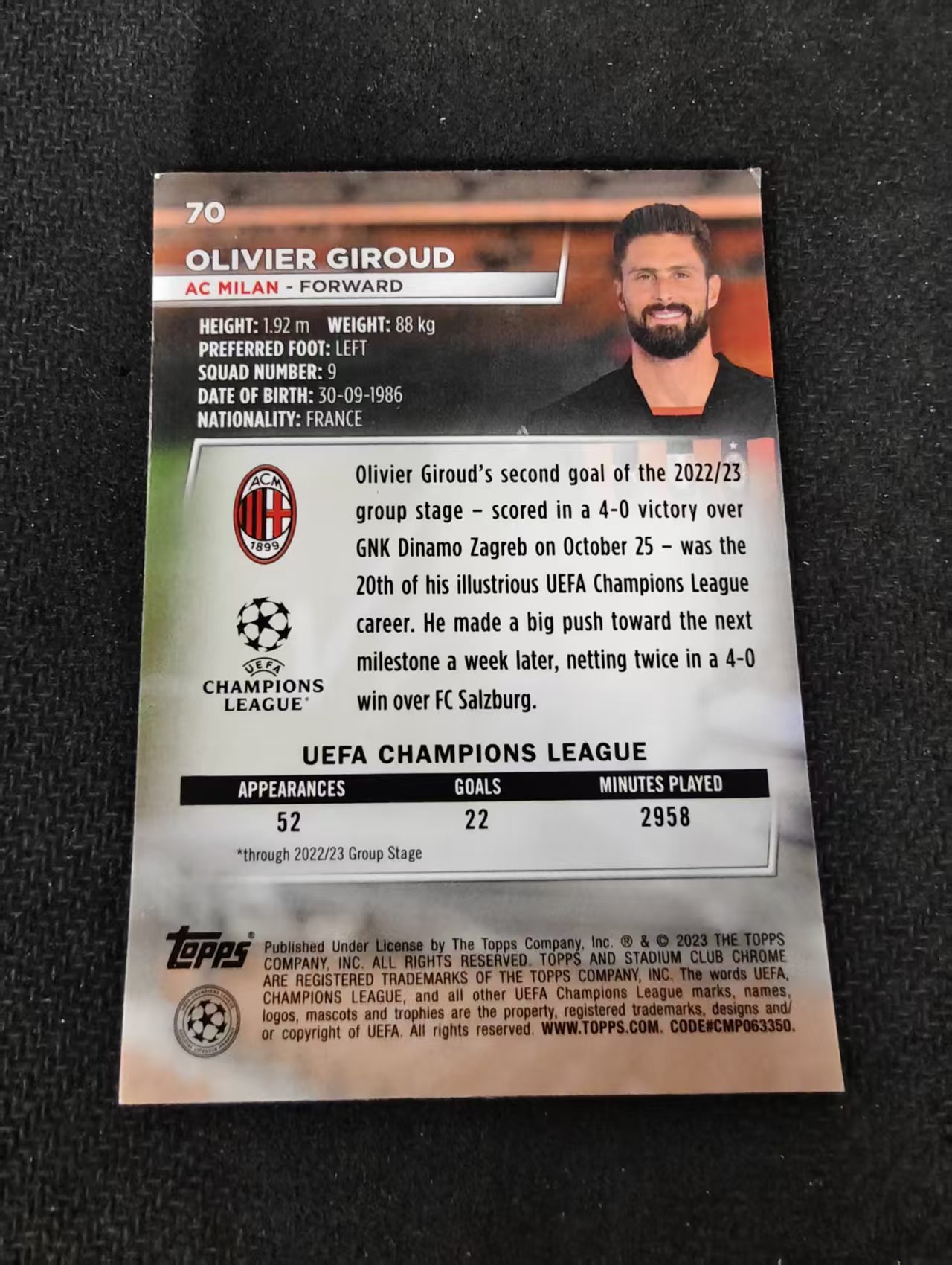【可合并,不累计】2023 Topps Stadium Club Chrome Olivier Giroud 吉鲁 AC米兰 欧冠 竞技场 不保卡品 介意勿拍 #70