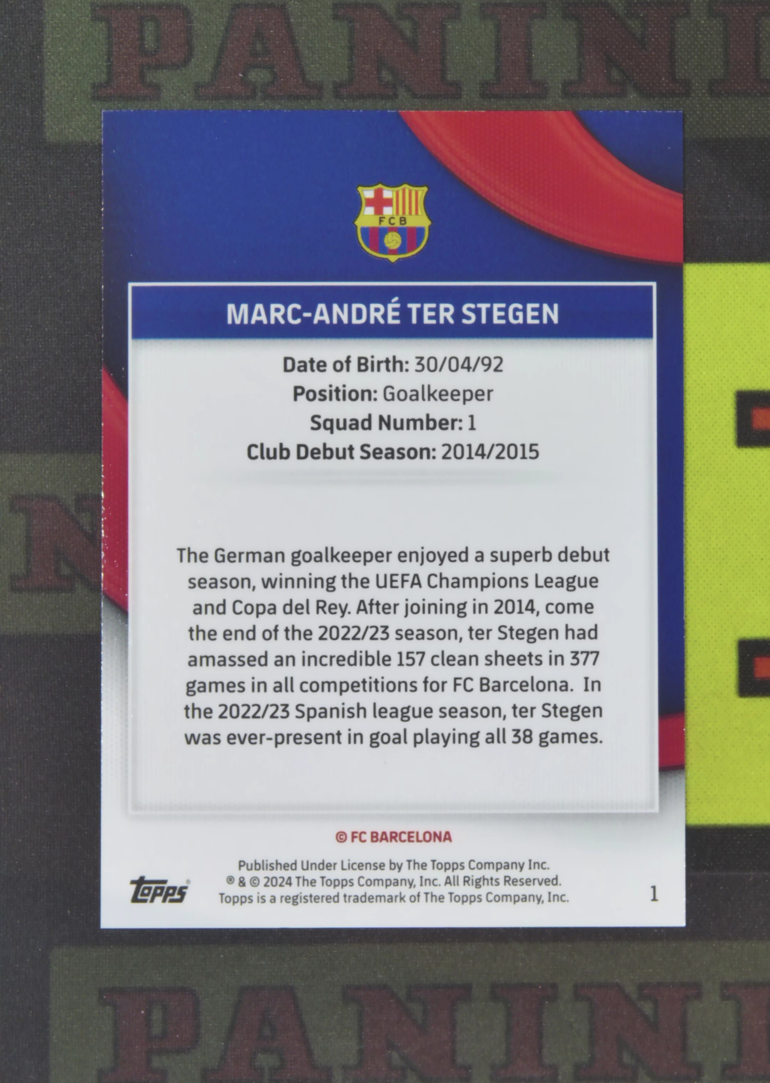 2023-24 Topps Team Set Marc-André Ter Stegen Nirvana Project 马克 特尔施特根 巴塞罗那 075/250 蓝折 队盒 卡品如图 SXY1