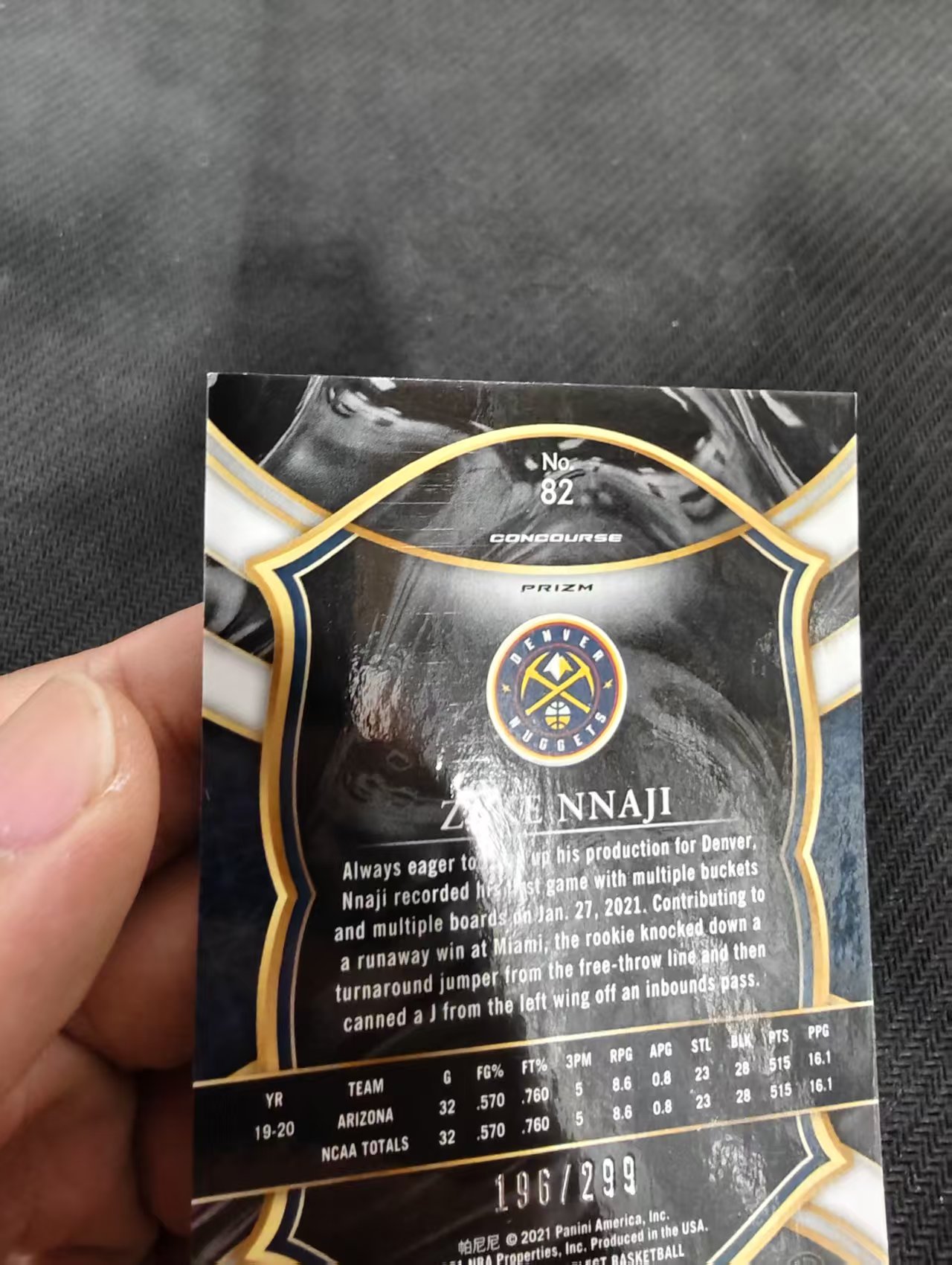 【汽水拍卖】2020-21 Panini Select Zeke Nnaji RC 齐克 纳吉 掘金 新秀 蓝折 299编 瑕疵如图