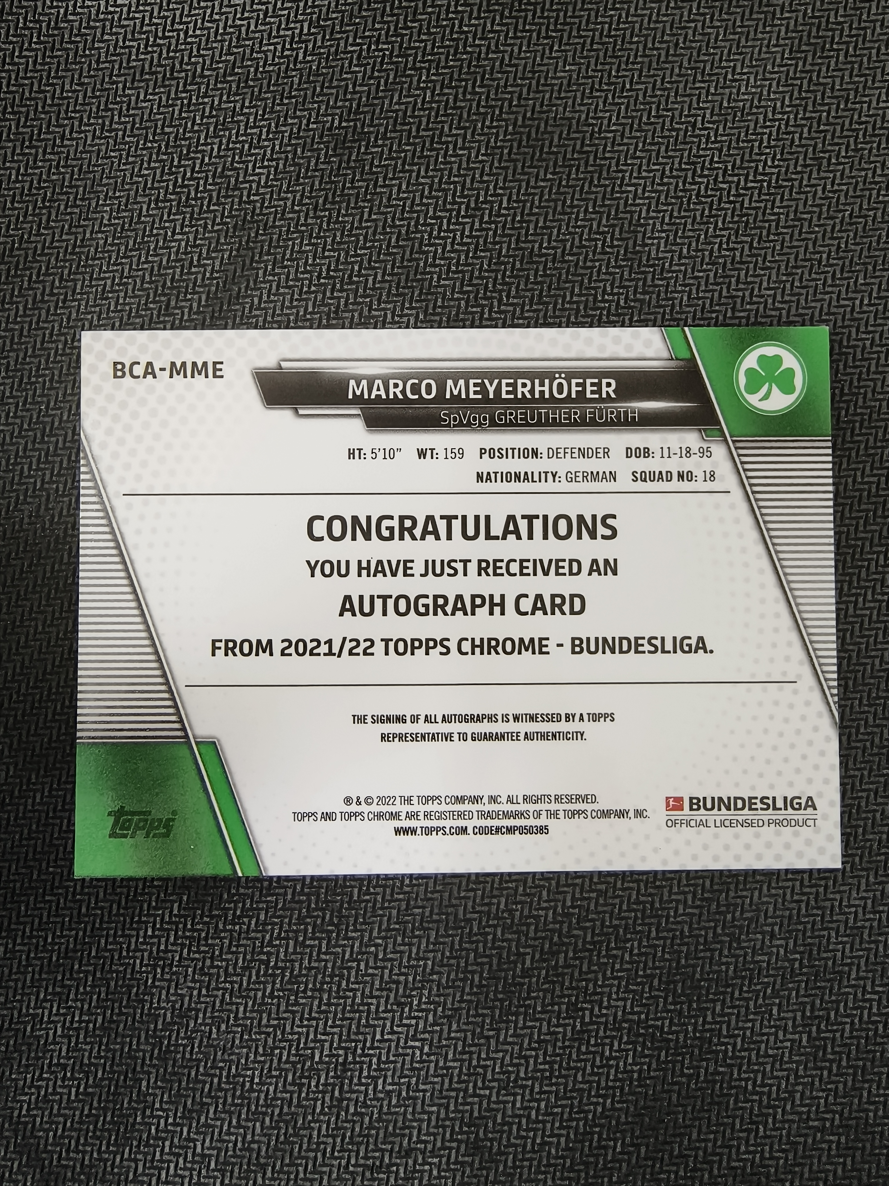 2022 Topps Chrome Marco Meyerhöfer RC 德甲 tc 马尔科 迈尔霍费尔 菲尔特 新秀 银折 折射 签字 正银折签 潜力无限 明斯特普鲁士 墨迹完美 收藏必备 柏