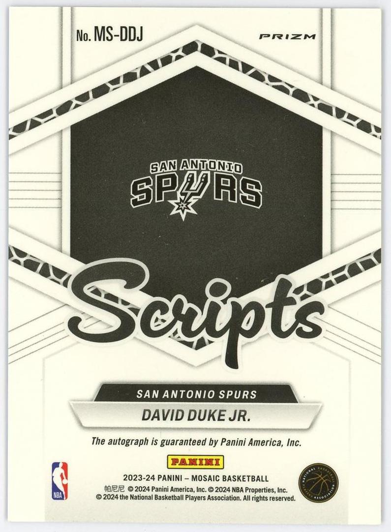 2023-24 Panini Mosaic David Duke Jr. 大卫杜克 马赛克 签字 银折 折射 马刺 卡品如图 0YQ3/11.16
