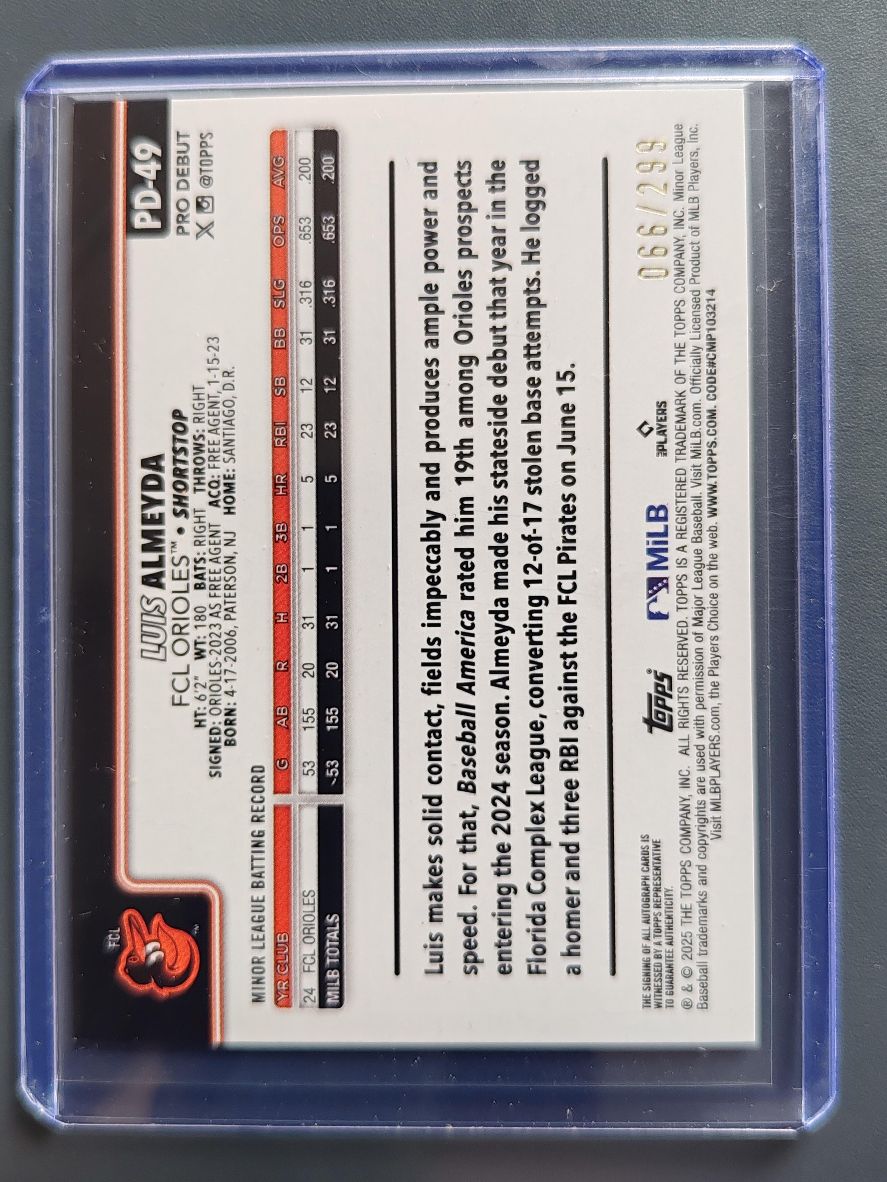 2025 Topps Pro Debut Luis Almeyda 签字!299编!紫折!【9527】