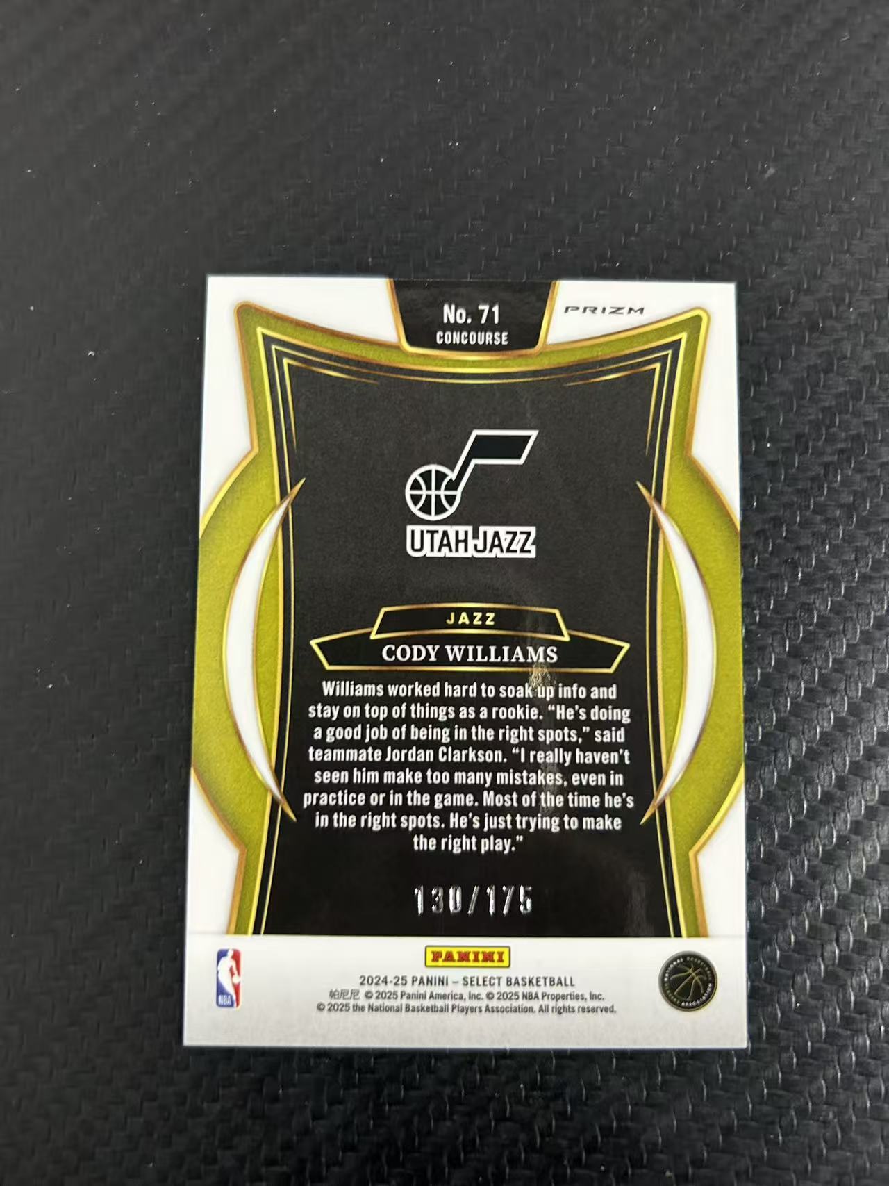 2024-25 Panini Select Cody Williams RC #71【灯灯拍卡】 新秀年 选秀年 rookie 爵士 折射 铜折 科迪 威廉姆斯 RC 130/175编【雪茄】