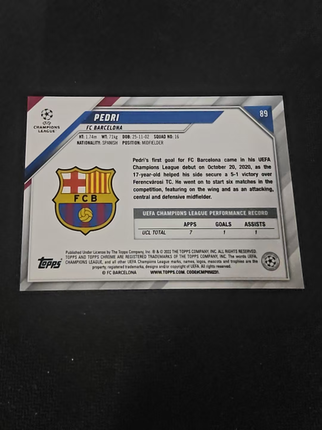 【可合并,不累计】2022 topps chrome Pedri 佩德里 佩刀 金童 西班牙 巴萨 巴塞罗那 欧冠 不保卡品 介意勿拍 #89