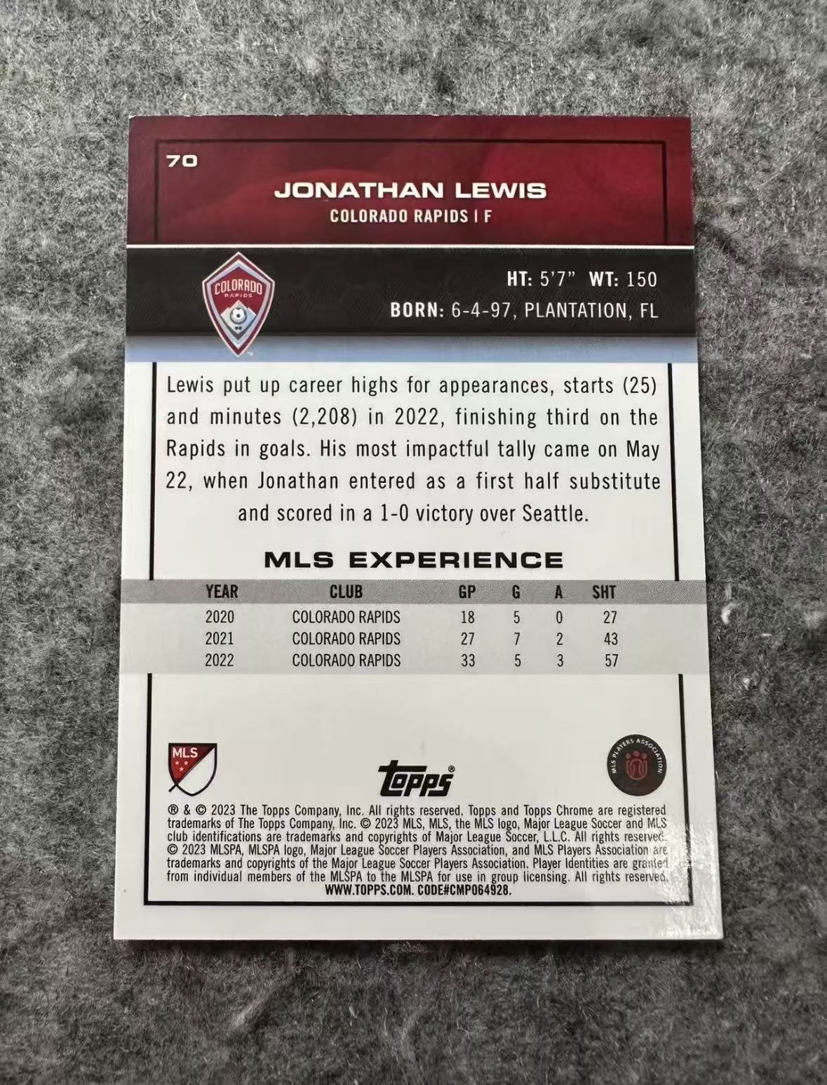 2023 Topps Chrome Jonathan Lewis MLS 美职联 急流 乔纳森 刘易斯 蓝碎钻折 特卡 50编