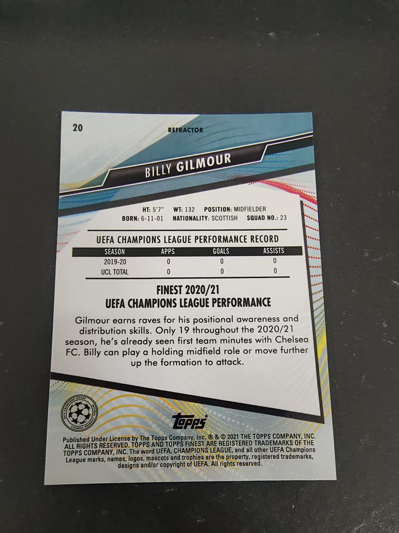 【可合并,不累计】2021 Topps Finest Billy Gilmour RC 新秀 切尔西 吉尔莫 欧冠 银折 #20