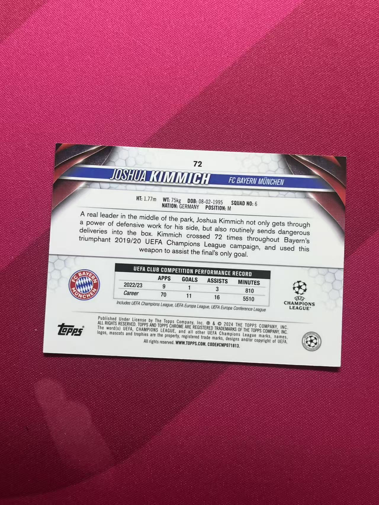 2024 Topps Chrome Joshua Kimmich #72 基米希 拜仁慕尼黑 拜仁 欧冠 德国 约书亚 折射 蓝宝石 TC C11