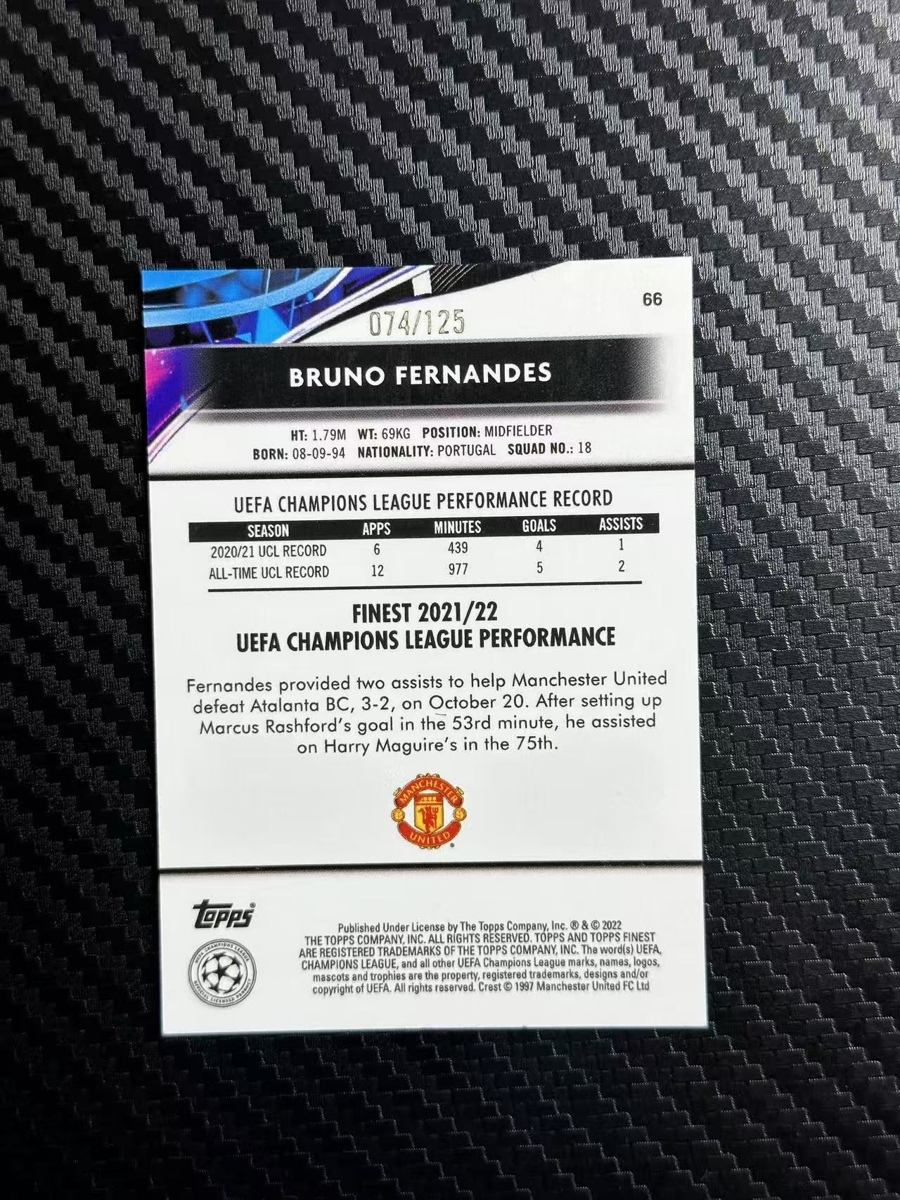 2022 Topps Finest Bruno Fernandes 欧冠 曼联 B费 布鲁诺 尔南德斯 紫棱镜折 074/125编 卡品如图 拍前看描述