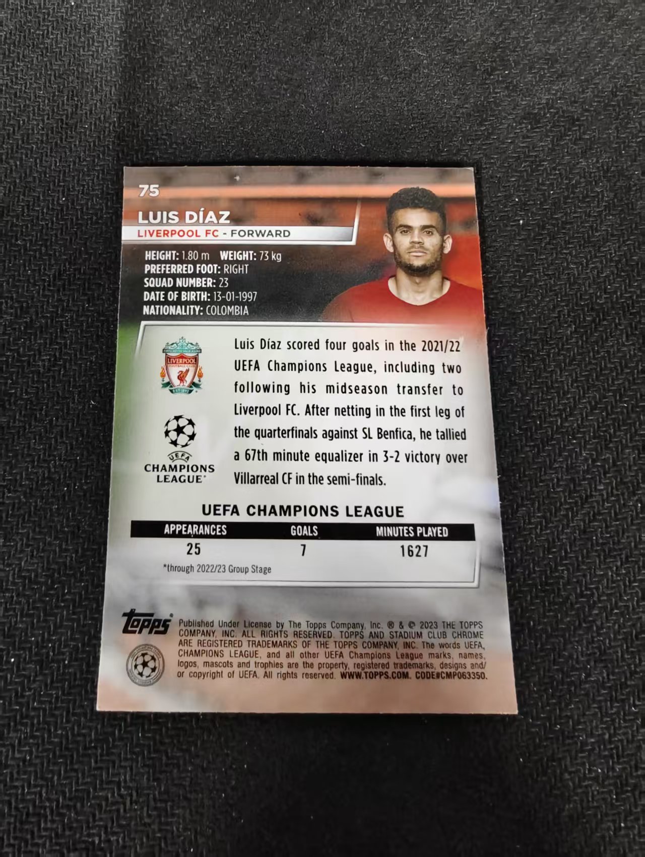 【可合并,不累计】2023 Topps Stadium Club Chrome luis diaz 迪亚斯 利物浦 欧冠 竞技场 不保卡品 介意勿拍 #75