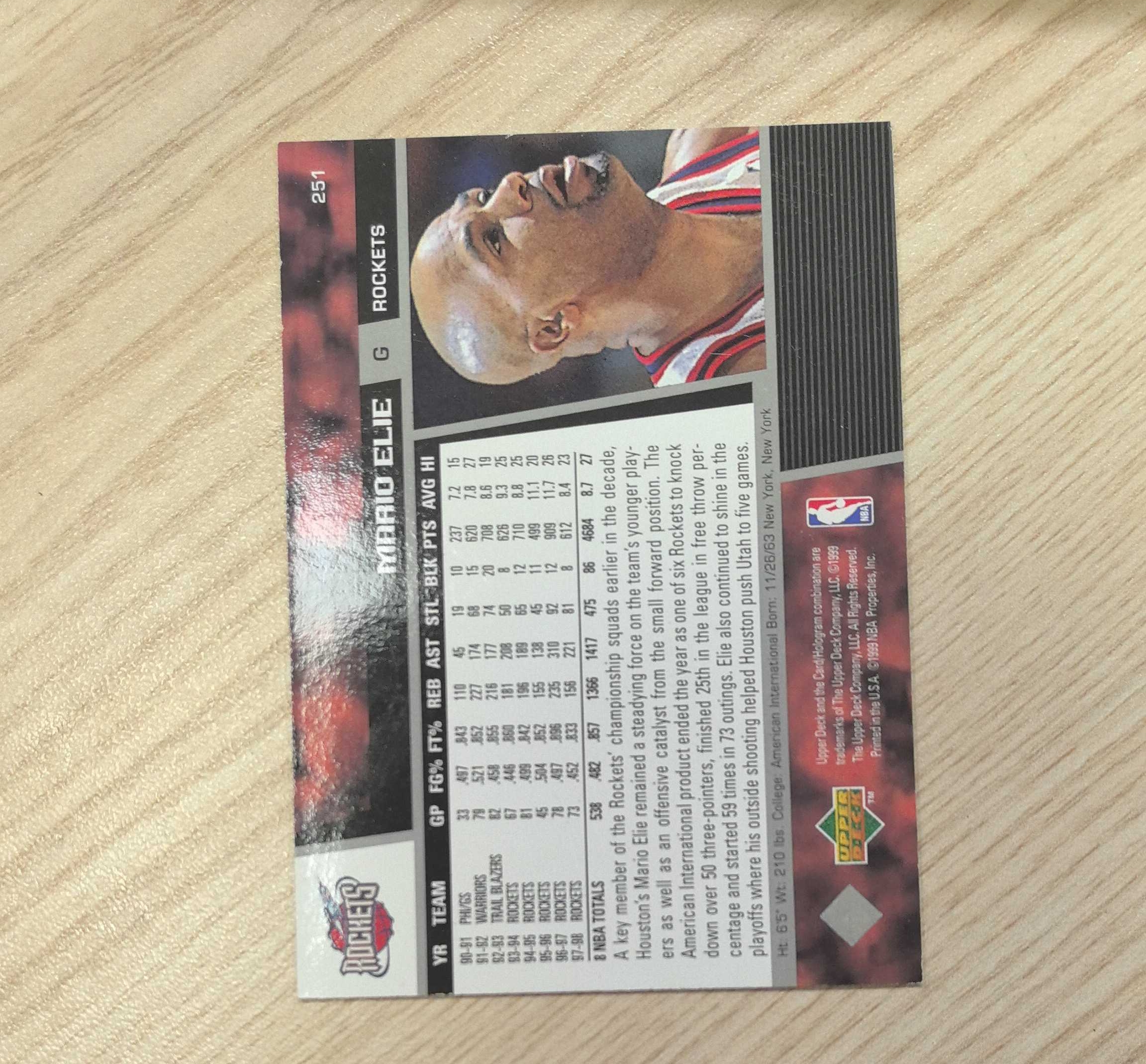 1998-99 Upper Deck Base Mario Elie 马里奥·埃利 99年随马刺夺冠 死亡之吻缔造者 邓肯和罗宾逊身边的好帮手 先后效力于76人、开拓者、火箭、勇士和太阳 硬通货