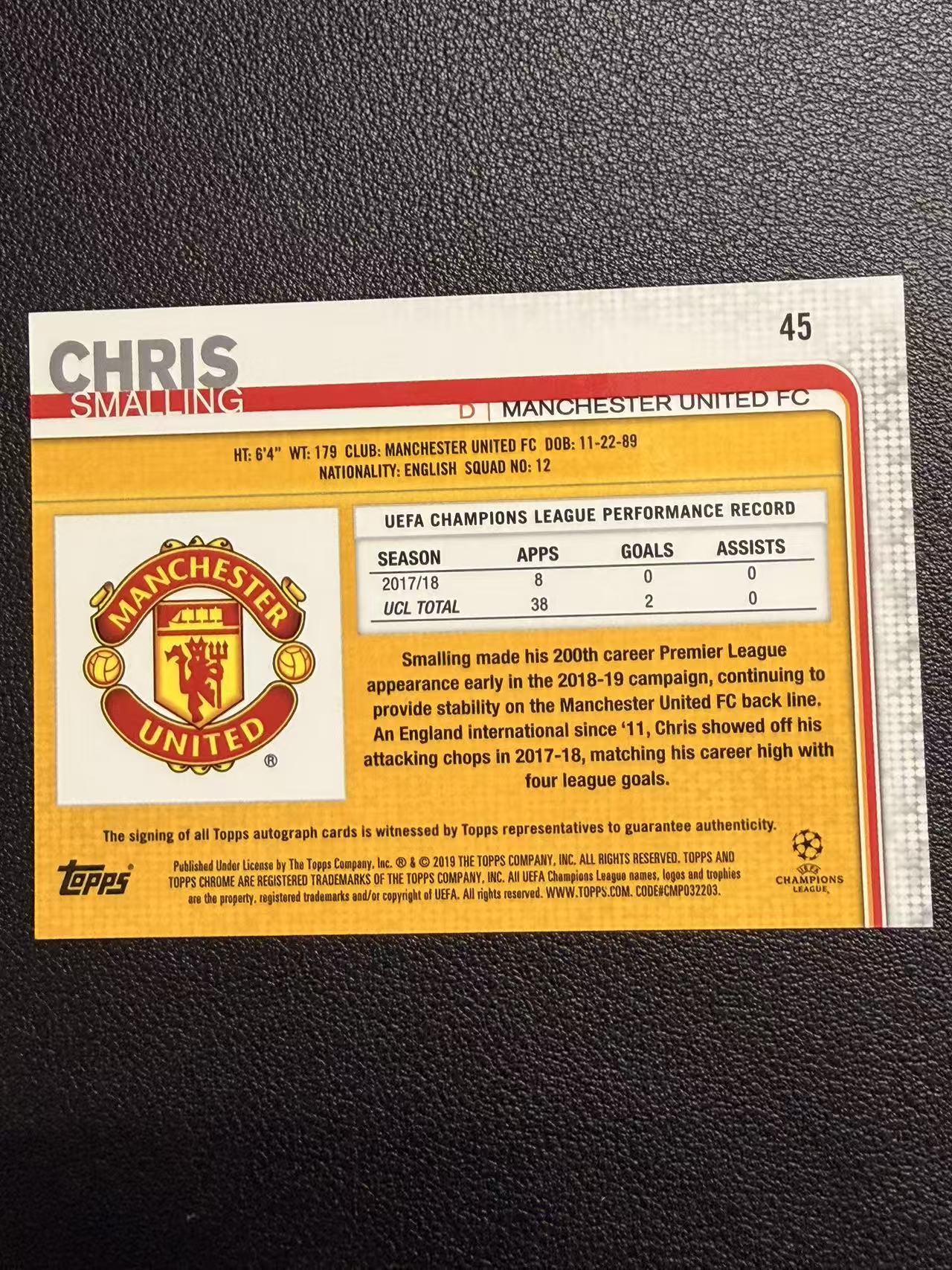 2019 Topps chrome smalling 欧冠 克里斯 斯莫林 罗马 意甲 曼联 签字 银折签 英格兰 卡品如图 【QWE】