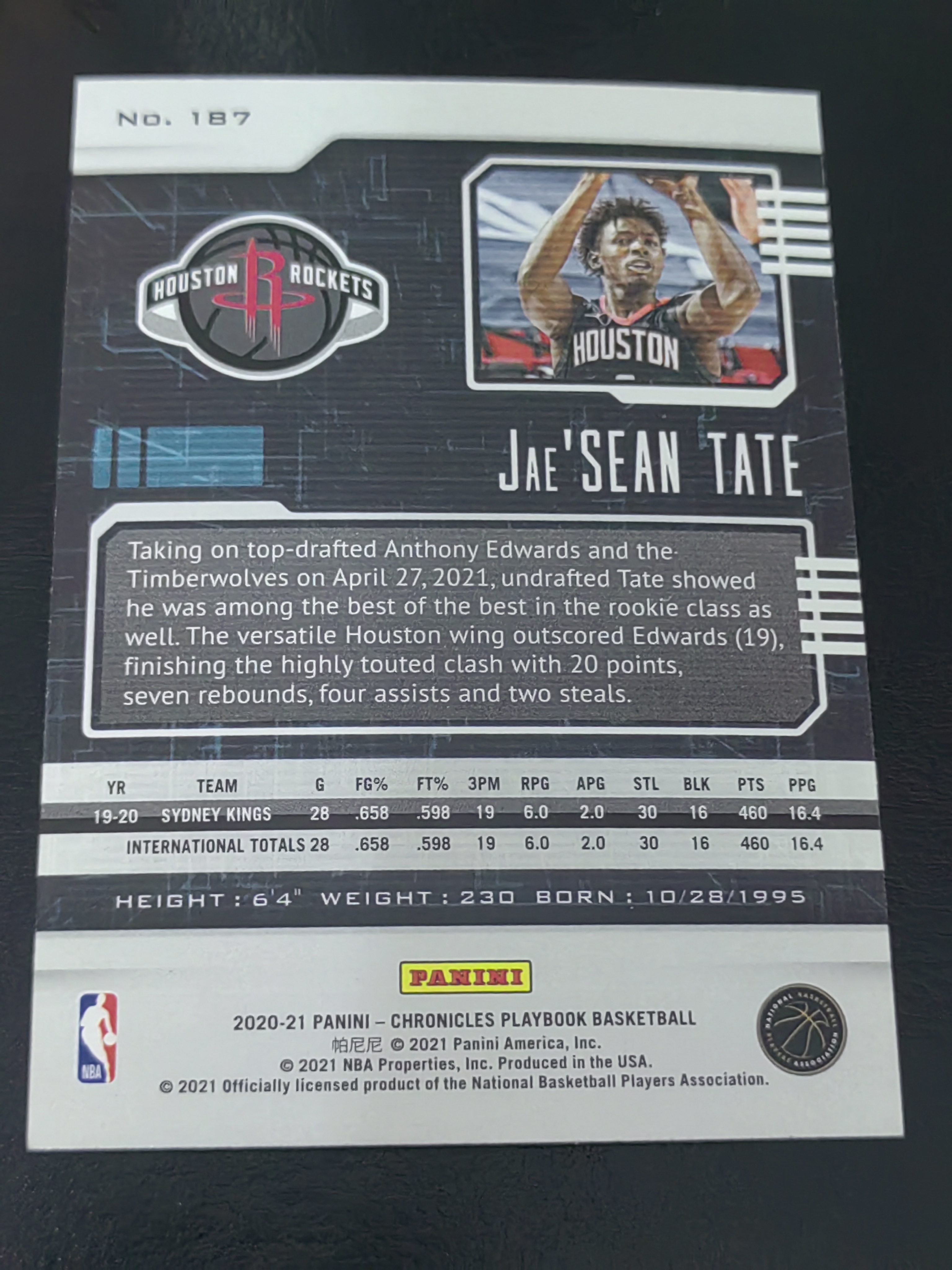 2020-21 Panini Chronicles Jae'Sean Tate RC 编年史 新秀 贾西恩·泰特 火箭 鹈鹕 篮 白边白角 不保卡品 卡品如图