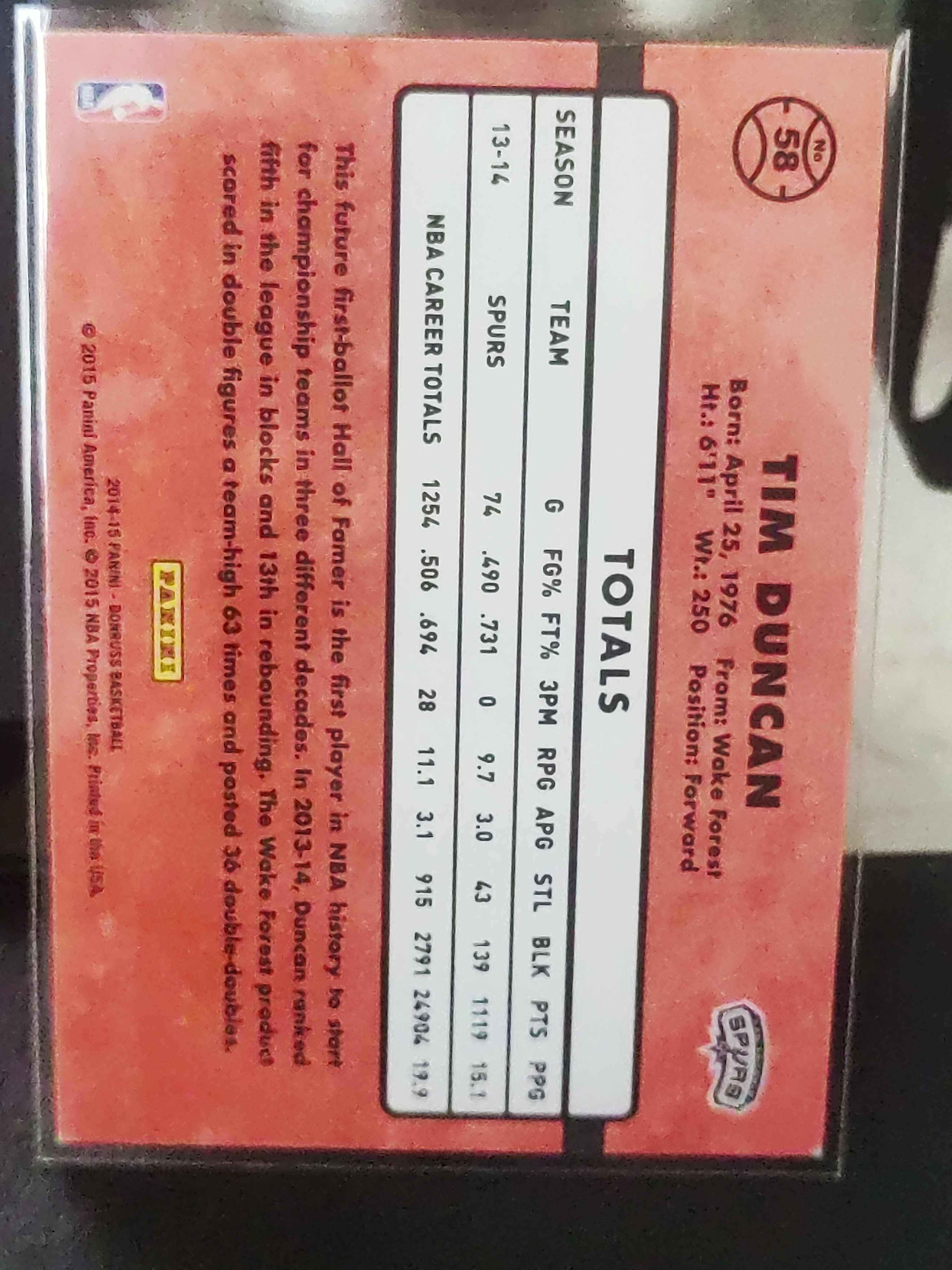 2014-15 Panini Donruss Tim Duncan 杜蕾斯 蒂姆 邓肯 马刺 石佛 名宿 篮 白边白角 不保卡品 卡品如图