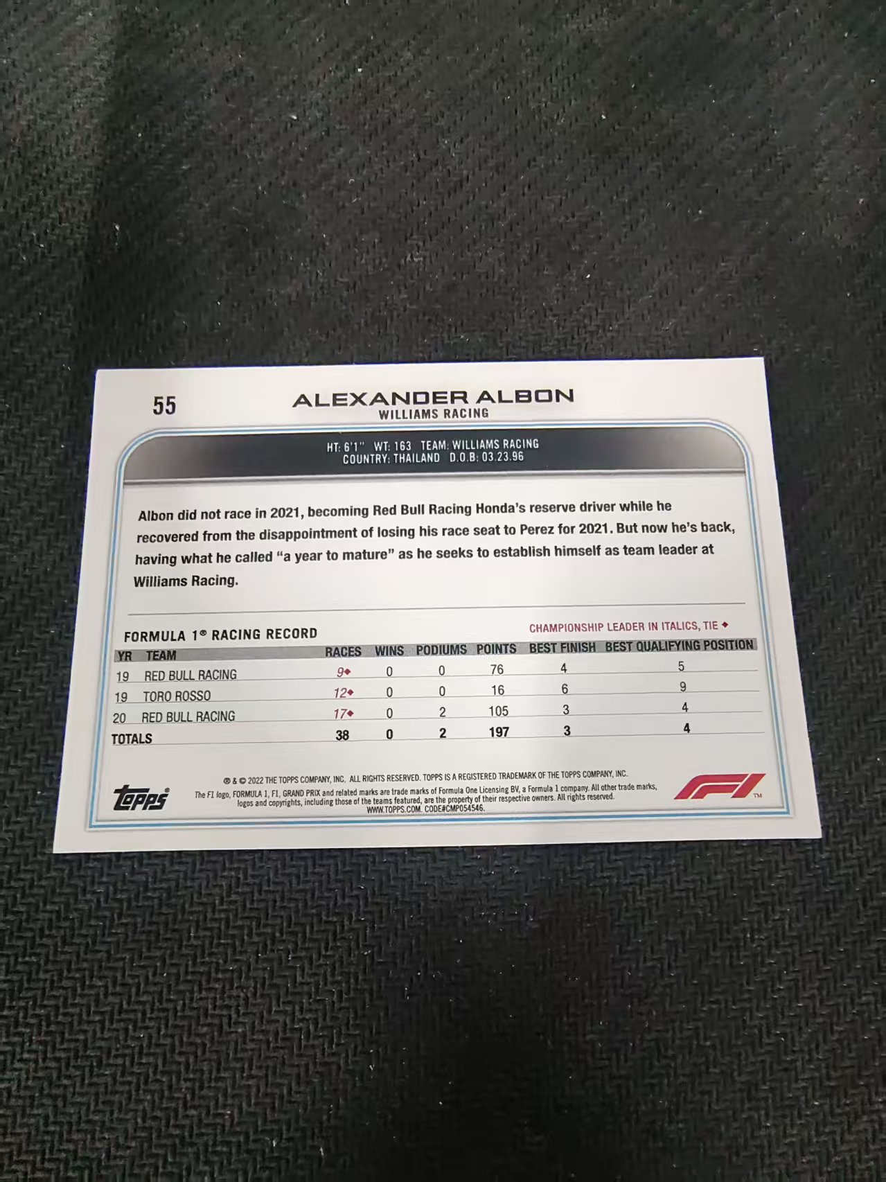 【汽水拍卖】2022 Topps Chrome F1 Alexander Albon 亚历山大 阿尔本 划痕 边角瑕疵 @55