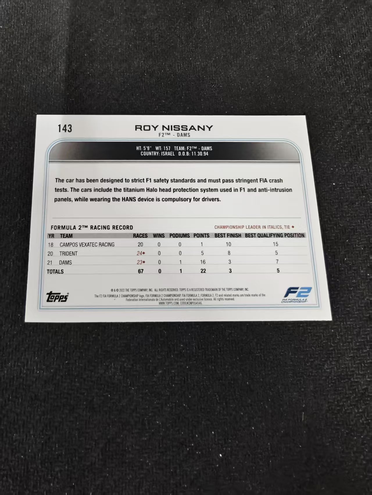 2022 Topps Chrome F1 Roy Nissany 罗伊 尼萨尼 F2 黑白棋盘 划痕 边角瑕疵@143