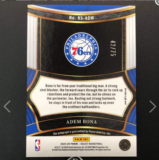 2024-25 Panini Select Adem Bona RC 阿德姆博纳 新秀年rookie 76人 签字 紫折 升值凑套 卡品如图 免费代拍ZF