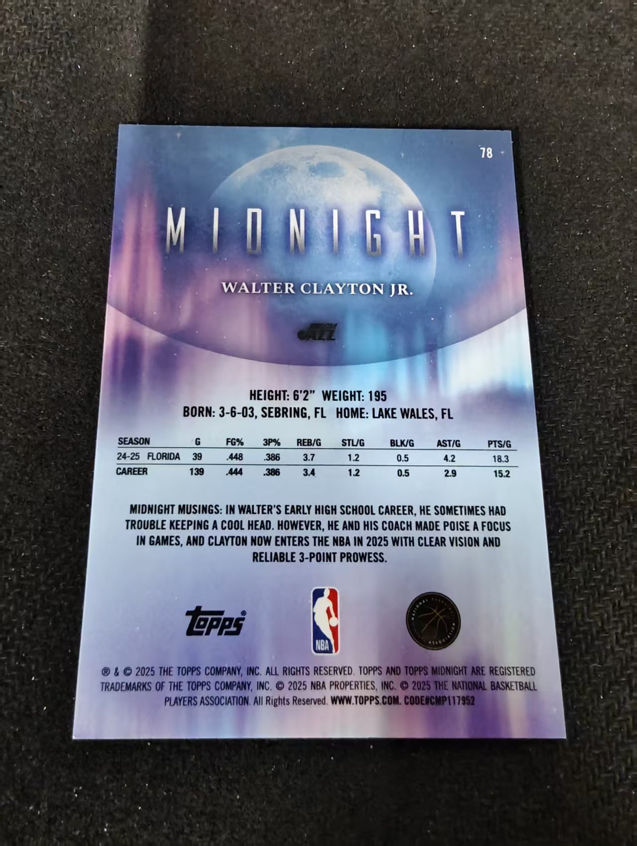 2025-26 Topps Mionight Walter Clayton Jr. RC 午夜 爵士 沃尔特克莱顿 新秀 折射 瑕疵如图