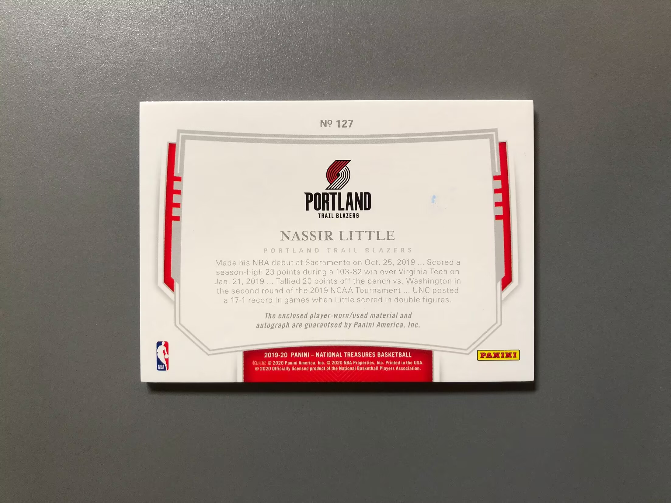 2019-20 Panini National Treasures Nassir Little RC 纳西尔·利特尔 开拓者 新秀 落场 球衣 签字 卡签 RPA 49编 切割暴力 卡品如图FT048