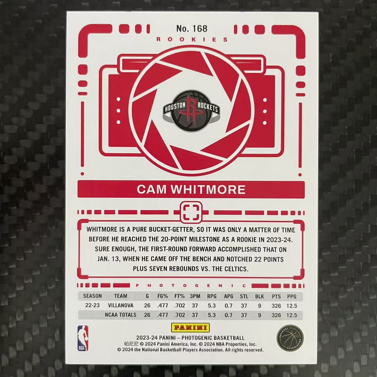2023-24 Panini Photogenic Cam Whitmore RC 【杰克森拍卖】卡姆 惠特莫尔 火箭 新秀 75编 碎冰折 雕哥