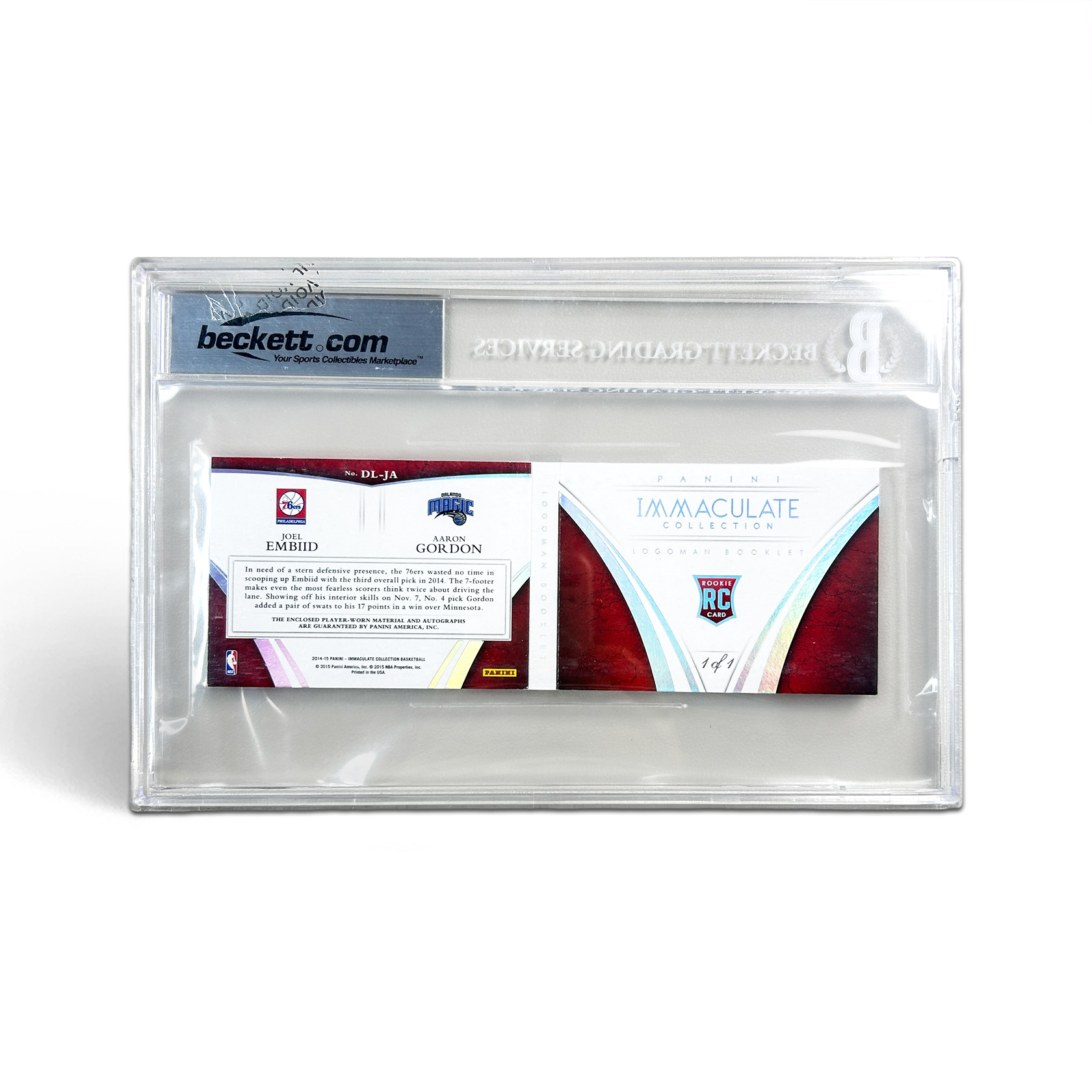 【一舟高清拍卖0费率】大帝 恩比德 EMBIID 戈登 AARON GORDON 2014 IMMACULATE 1/1编 小书新秀RLA RPA LOGOMAN PATCH补丁球衣物料 卡签签字 BGS 8 壳内松动及破损 CGJ597
