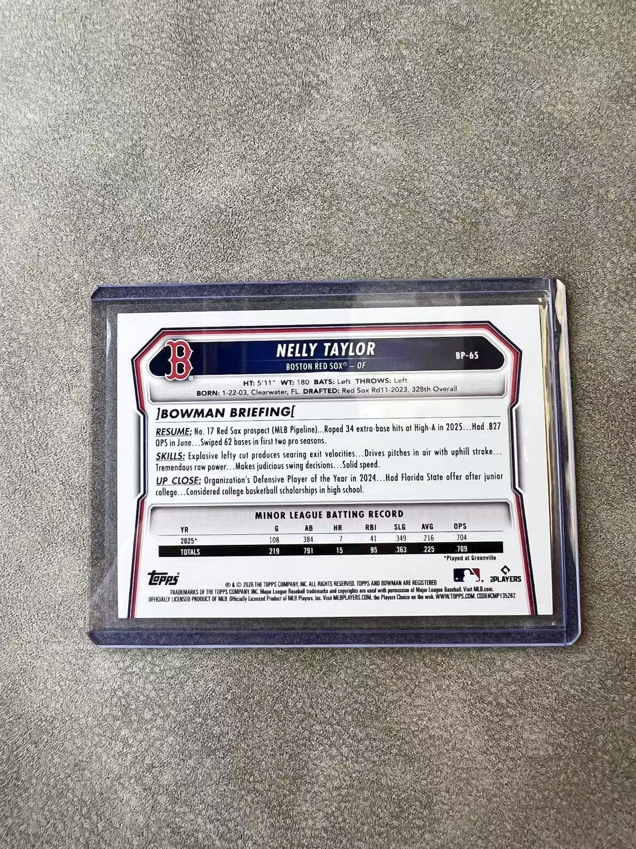 5902【330球星卡实体店代卖】2026 Topps Bowman NELLY TAYLOR 内利泰勒 1st BASE 352/499编 红袜 仅顺丰寄付(HZZZ)