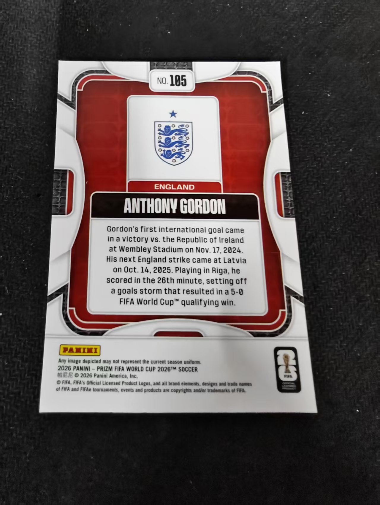 2026 Panini World Cup Prizm Anthony Gordon 世界杯PZ 英格兰 巴萨 安东尼 戈登 PZ世界杯 划痕 边角瑕疵#105