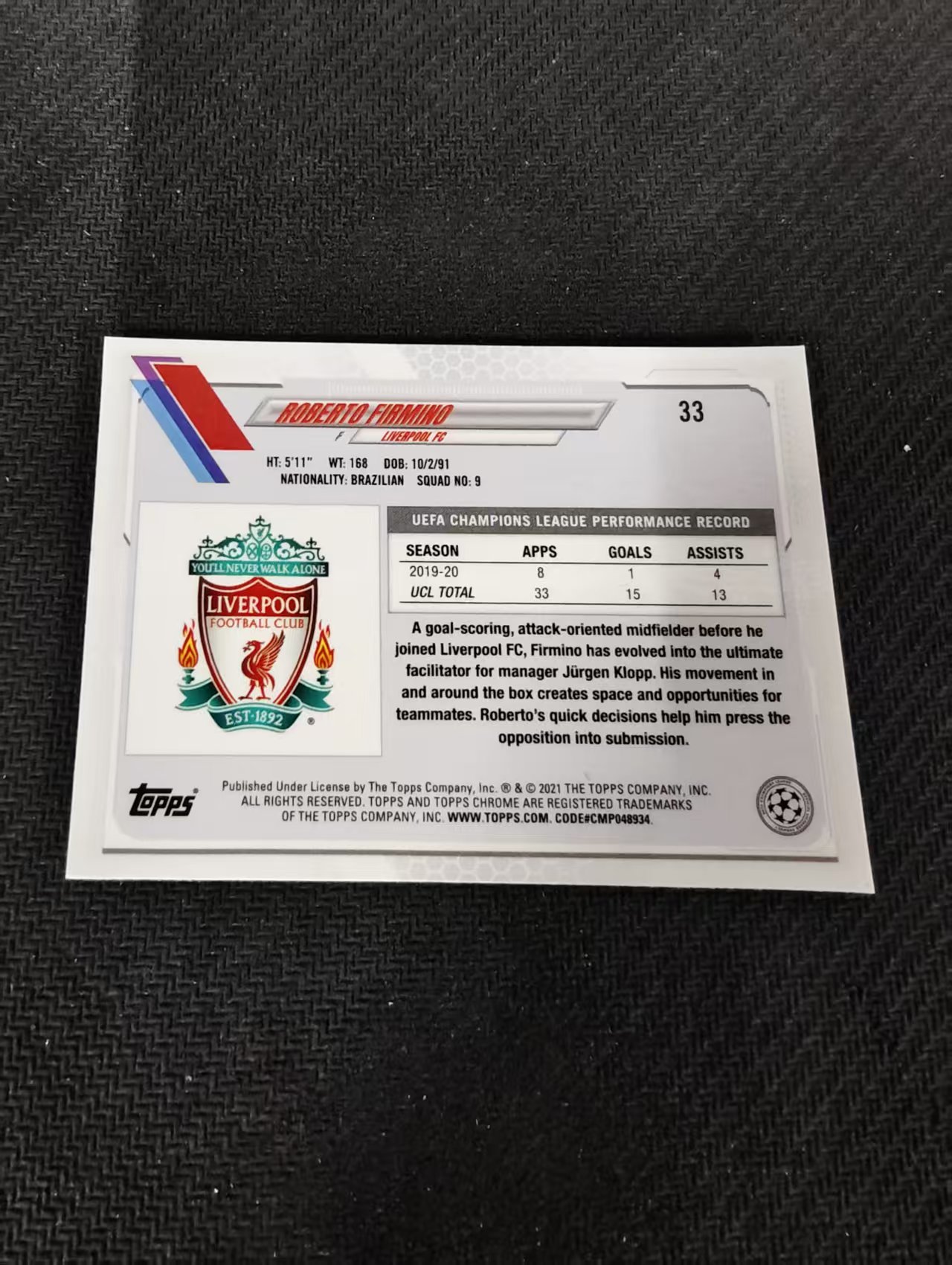 【可合并,不累计】2021 Topps Chrome Robert Firmino 欧冠 利物浦 菲尔米诺 不保卡品 介意勿拍 @33