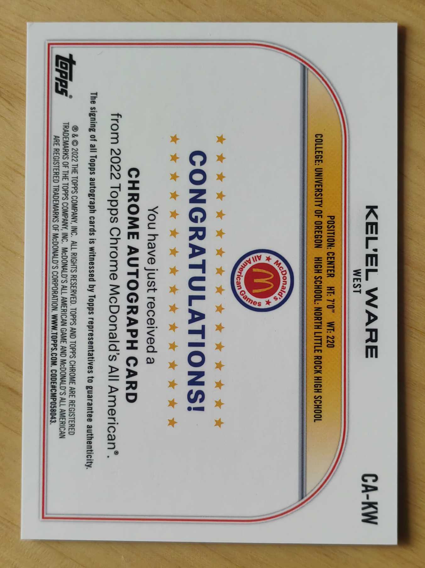 2022 韦尔 折射签字 【飞人代卖】 Kel'el Ware 签名 非卡签 topps chrome 麦当劳 热火超新星 品墨如图见描述 youth