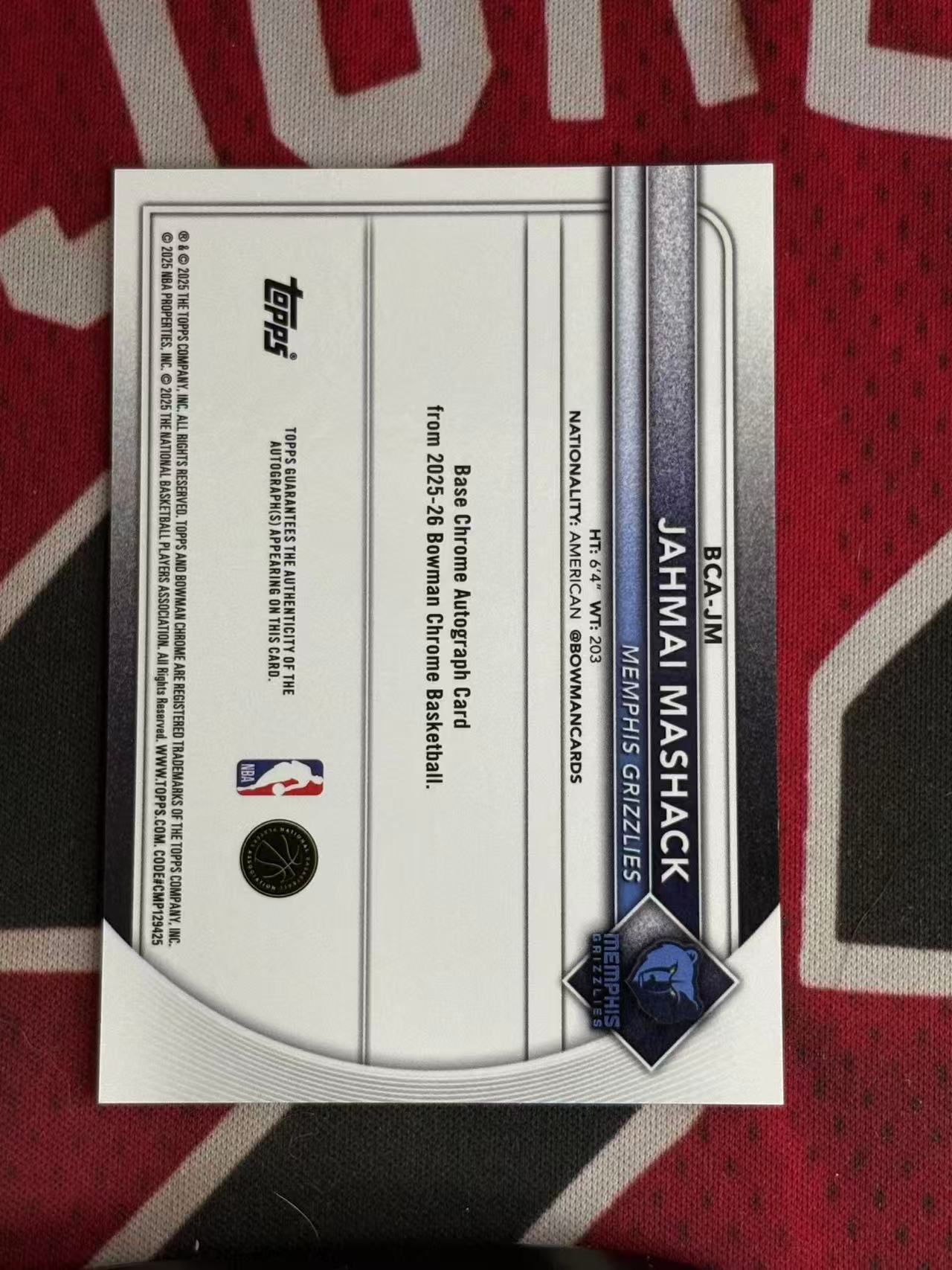 2025-26 TOPPS BOWMAN JAHMAI MASHACK灰熊 新秀RC 贾迈梅沙克 马沙克 签字卡 新秀签 正BASE签 专收凑套必备【烂臭嘴拍卖】