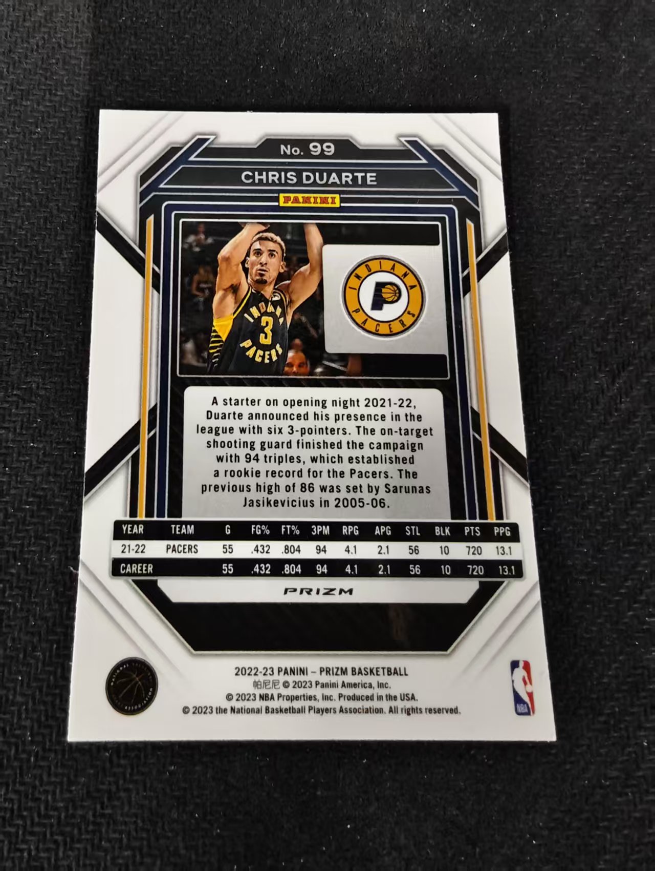 2022-23 Panini Prizm Chris Duarte 克里斯 杜阿尔特 步行者 红波纹 PZ 划痕 边角瑕疵 #99