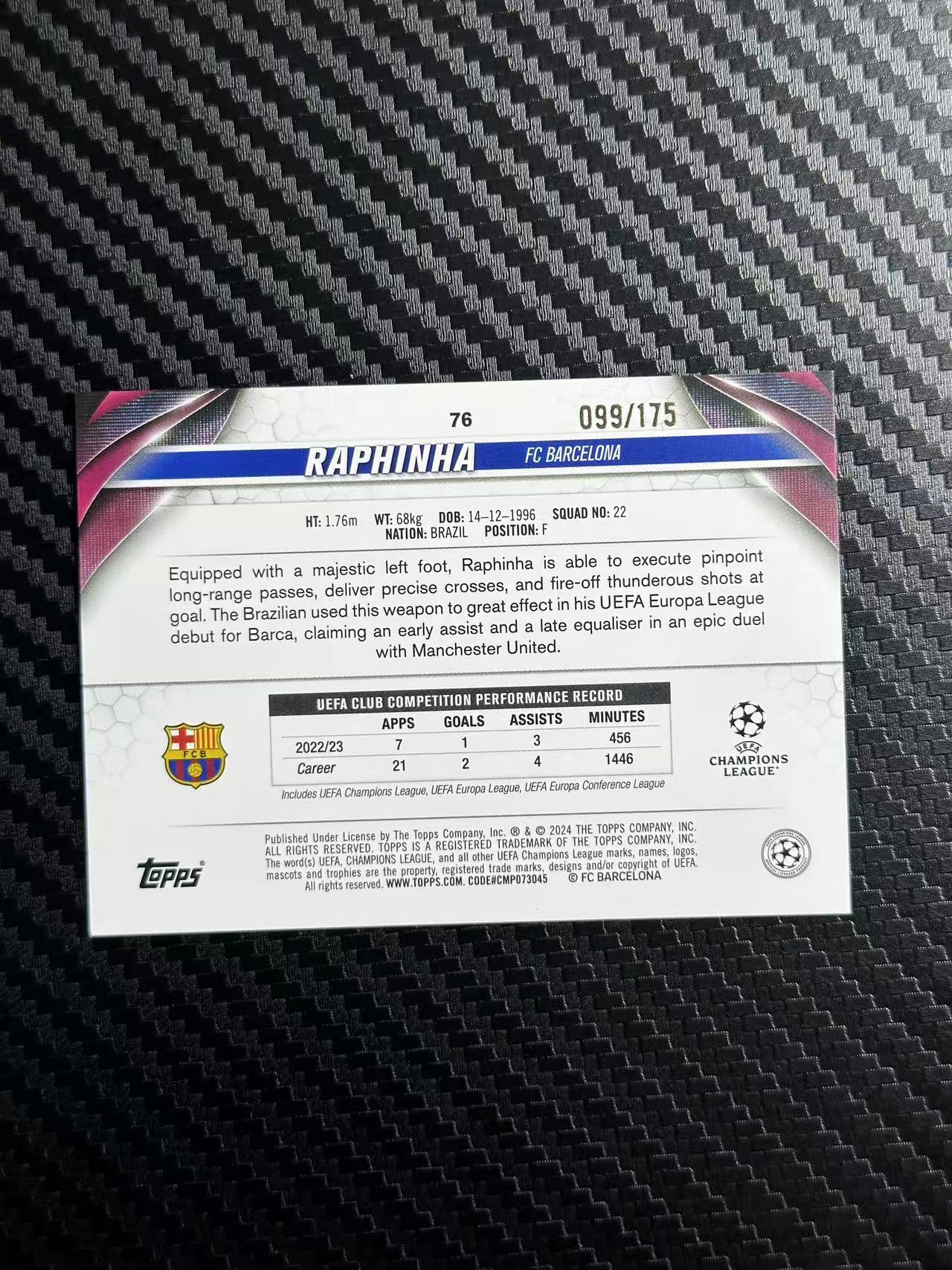 2024 Topps UCC Raphinha 欧冠 碧玉 巴萨 拉菲尼亚 099/175编 蓝玉折 卡品如图 拍前看描述