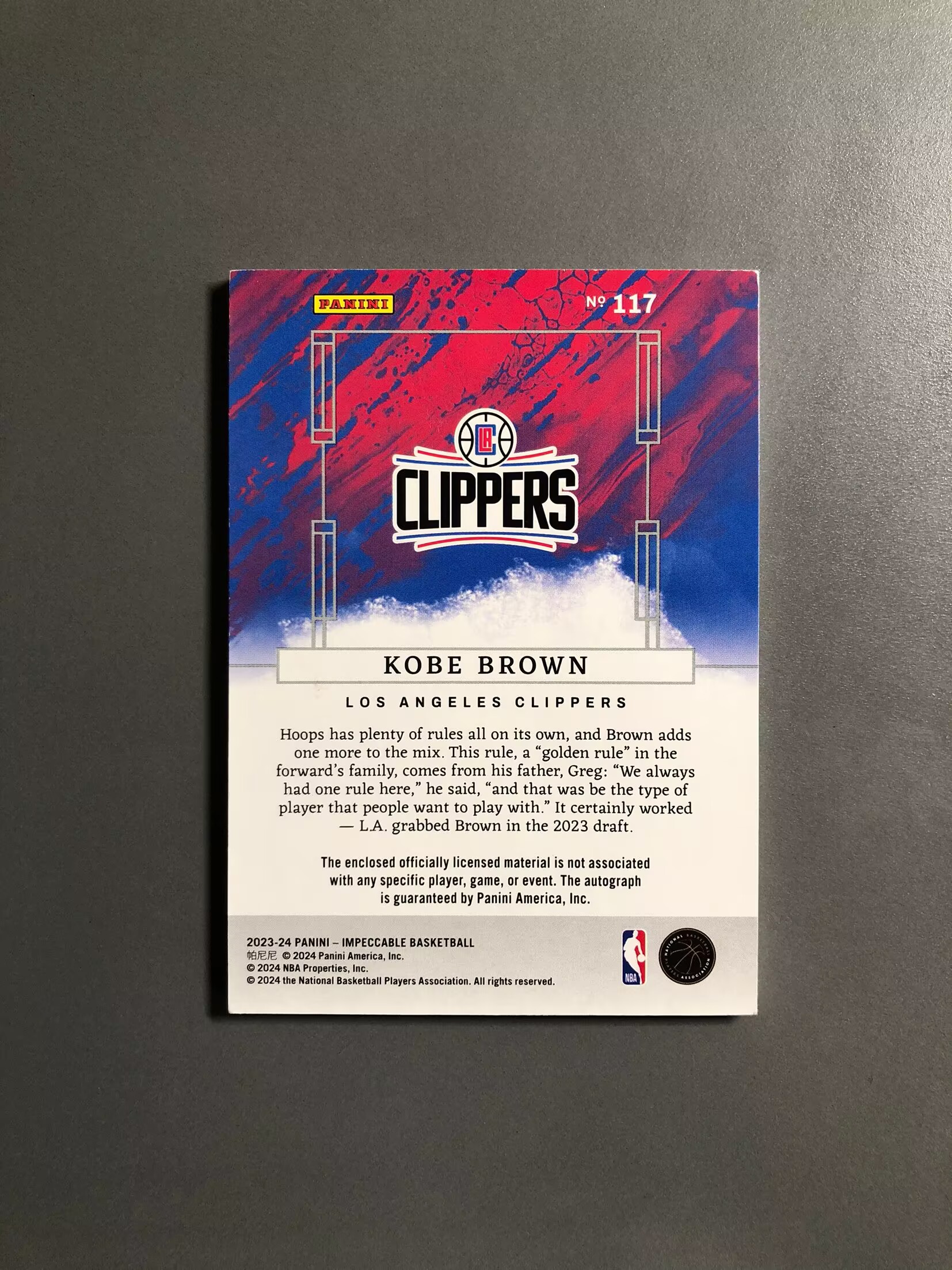 2023-24 Panini Impeccable Kobe Brown RC 科比·布朗 快船 新秀 RC 球衣 签字 卡签 RPA 中国红 88编 切割暴力 瑕疵如图 可累计FT035【诚接代卖】