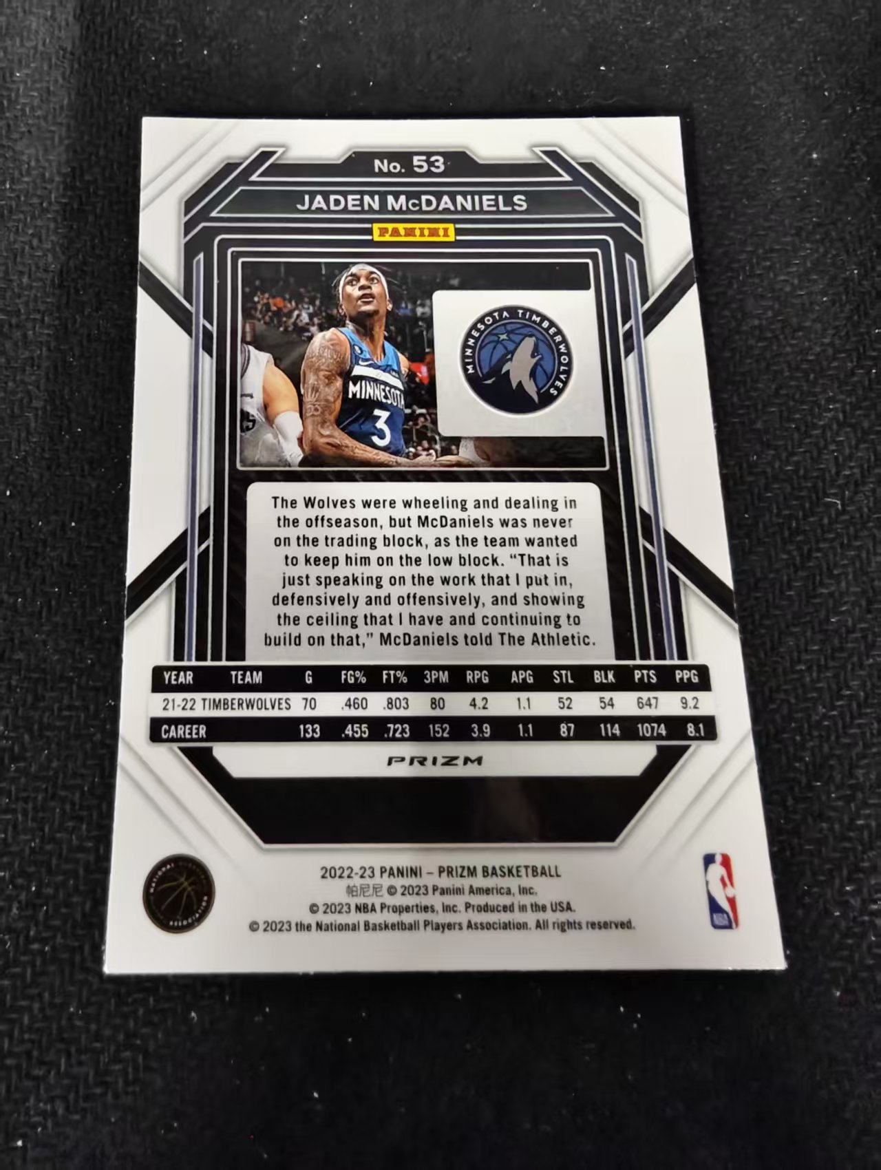 2022-23 Panini Prizm Jaden McDaniels 森林狼 杰登麦克丹尼尔斯 银折 PZ 划痕 边角瑕疵 #52