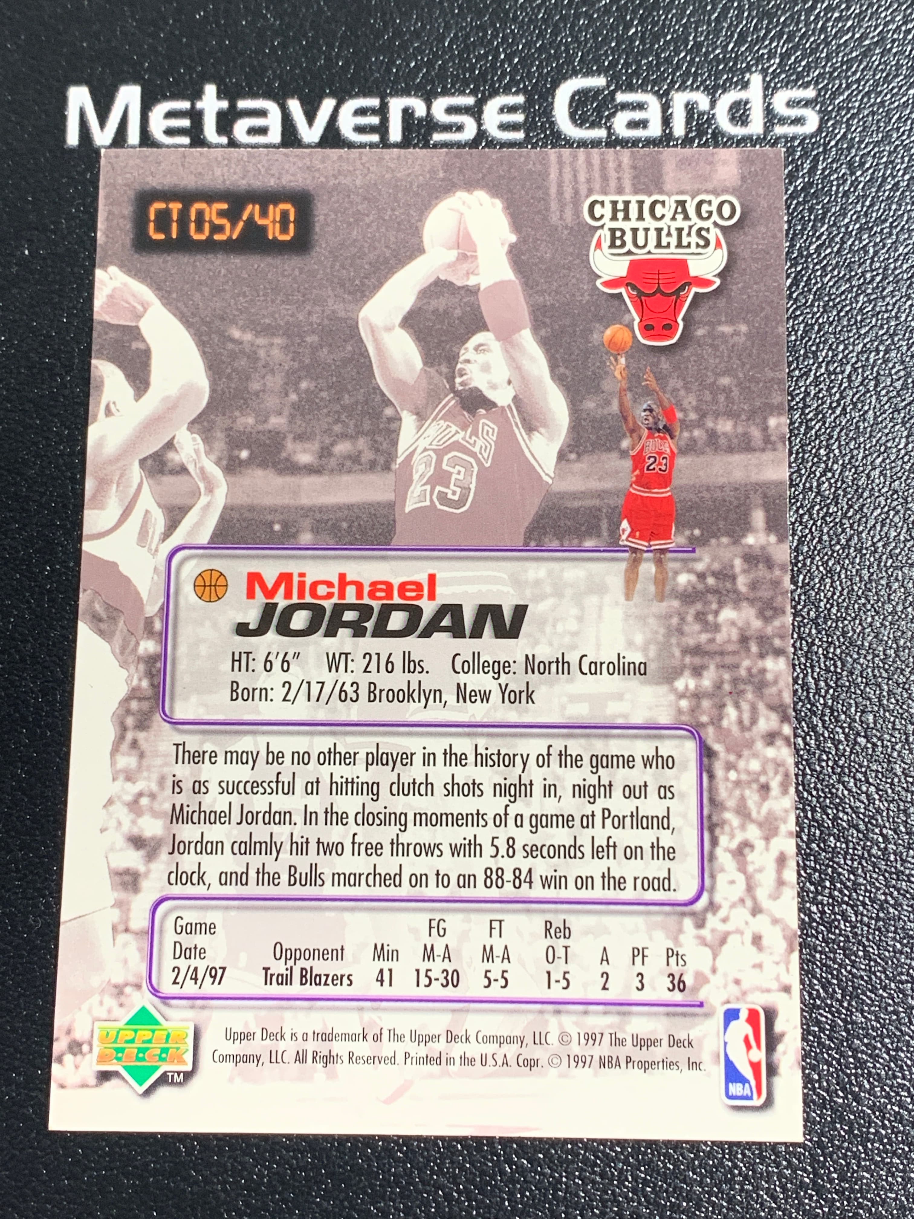 【元宇宙拍卖】张张总215:1997-98 Upper Deck Michael Jordan 芝加哥公牛 迈克尔 乔丹 Crunch Time 绝杀时刻特卡 经典老卡 瑕疵如图 收藏必备