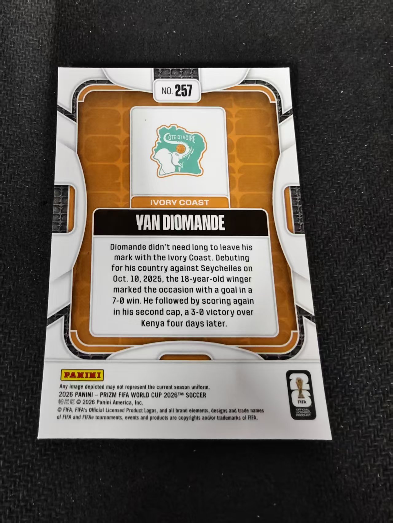 2026 Panini World Cup Prizm Yan Diomande RC 新秀 世界杯 科特迪瓦 扬 迪奥曼德 PZ世界杯 划痕 边角瑕疵#257