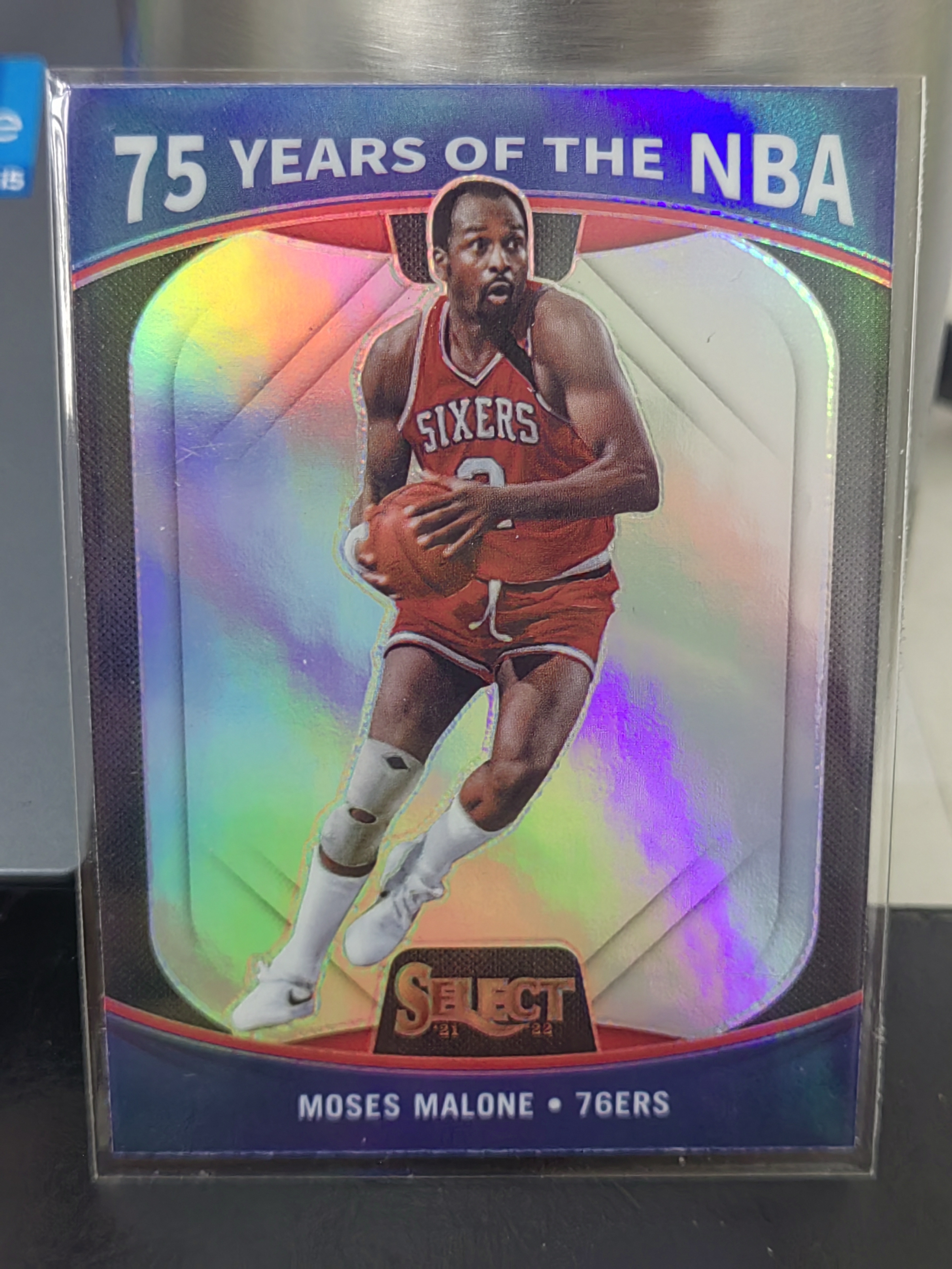 2021-22 Panini Select Moses Malone SELECT 银折 摩西马龙 76人 NBA 75周年 篮 白边白角 不保卡品 卡品如图