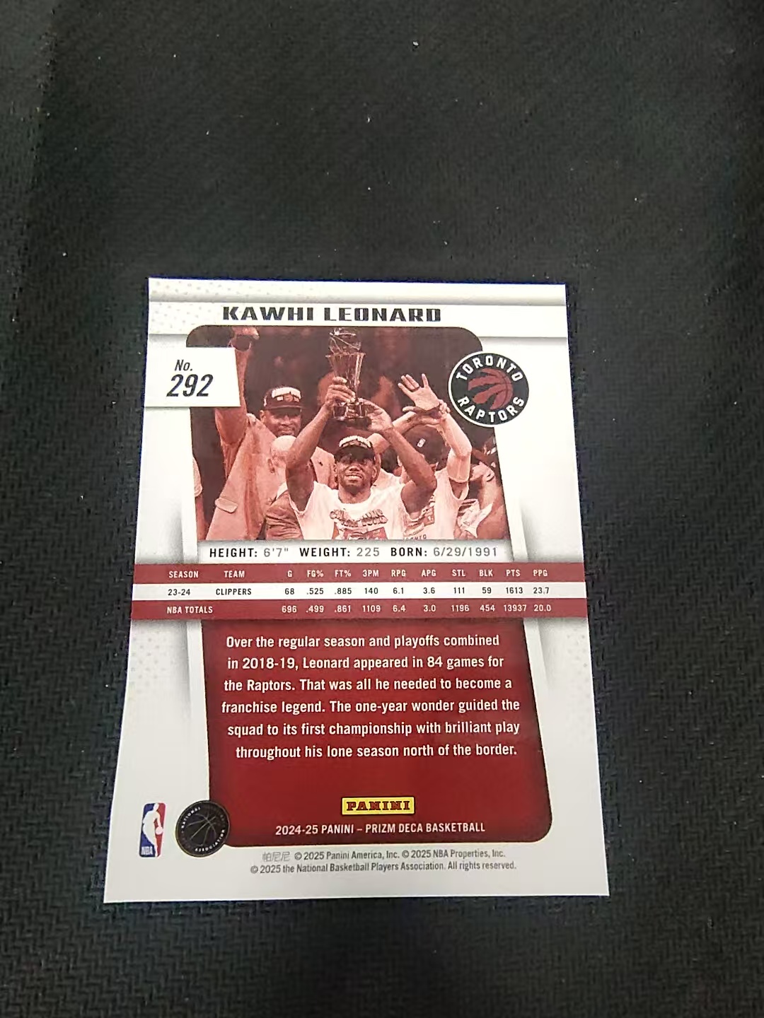 【可合并,不累计】2024-25 Panini Prizm Deca Kawhi Leonard 伦纳德 莱昂纳德 快船 PZ 复刻 MVP 捧杯 划痕 边角瑕疵 #292