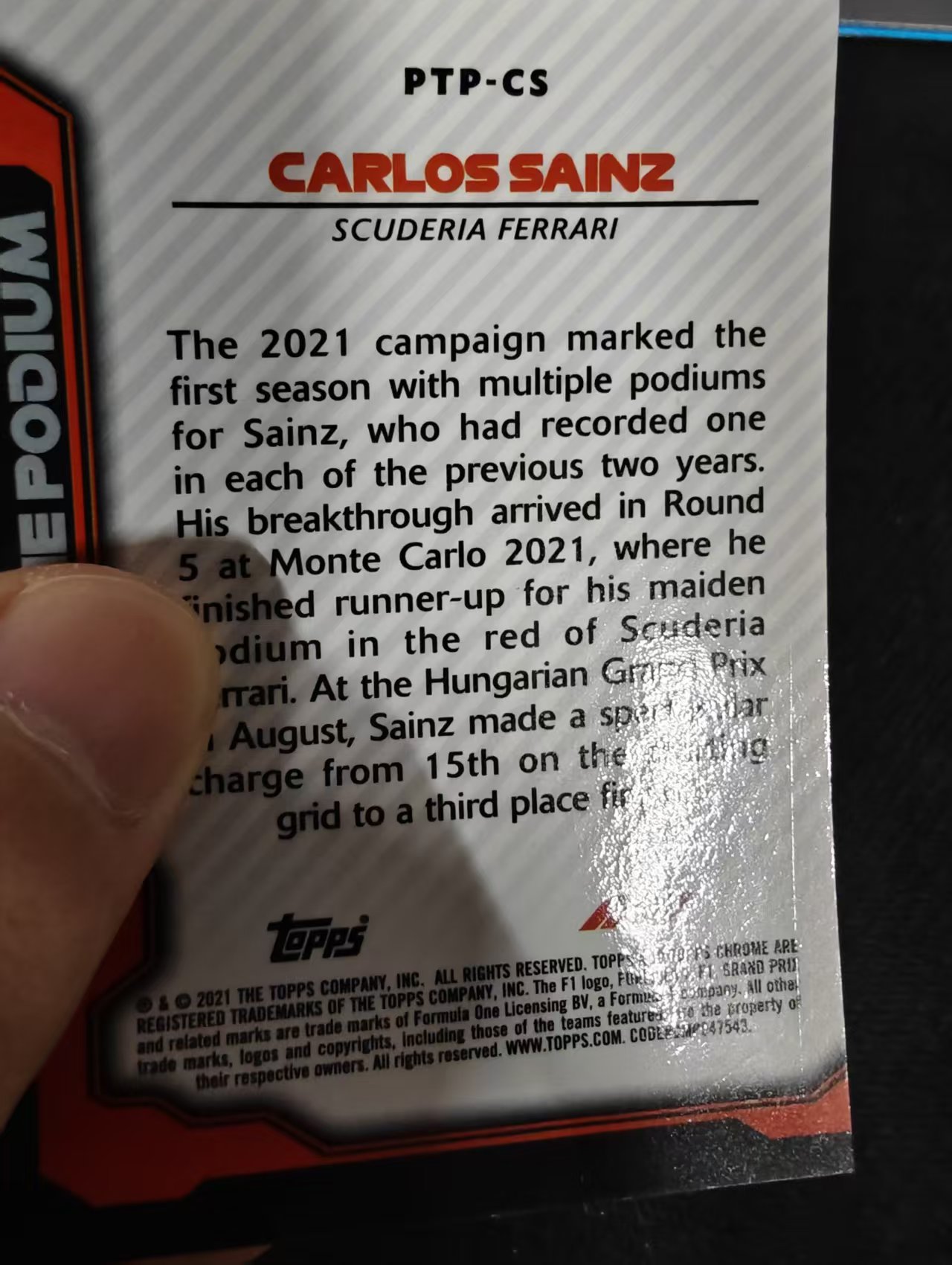 2021 Topps Chrome Carlos Sainz F1 法拉利车队 卡洛斯 赛恩斯 银折 the podium特卡 边角瑕疵 #CS