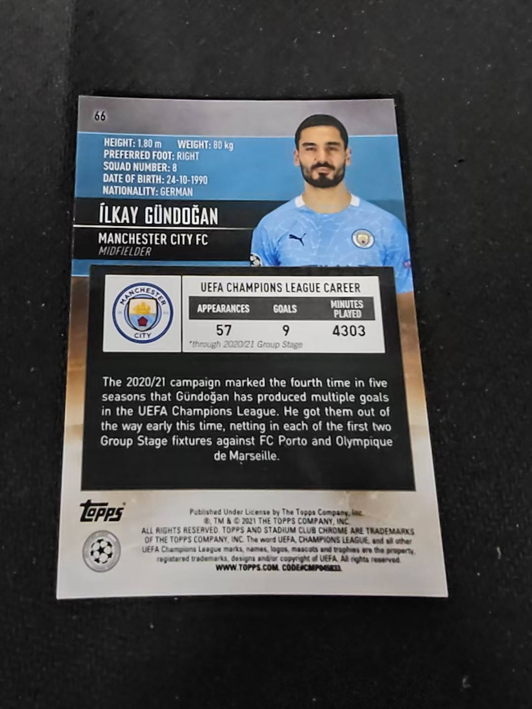 【可合并,不累计】2021 Topps Stadium Club Chrome İlkay Gündoğan 曼城 京多安 欧冠 竞技场 不保卡品 介意勿拍 #66