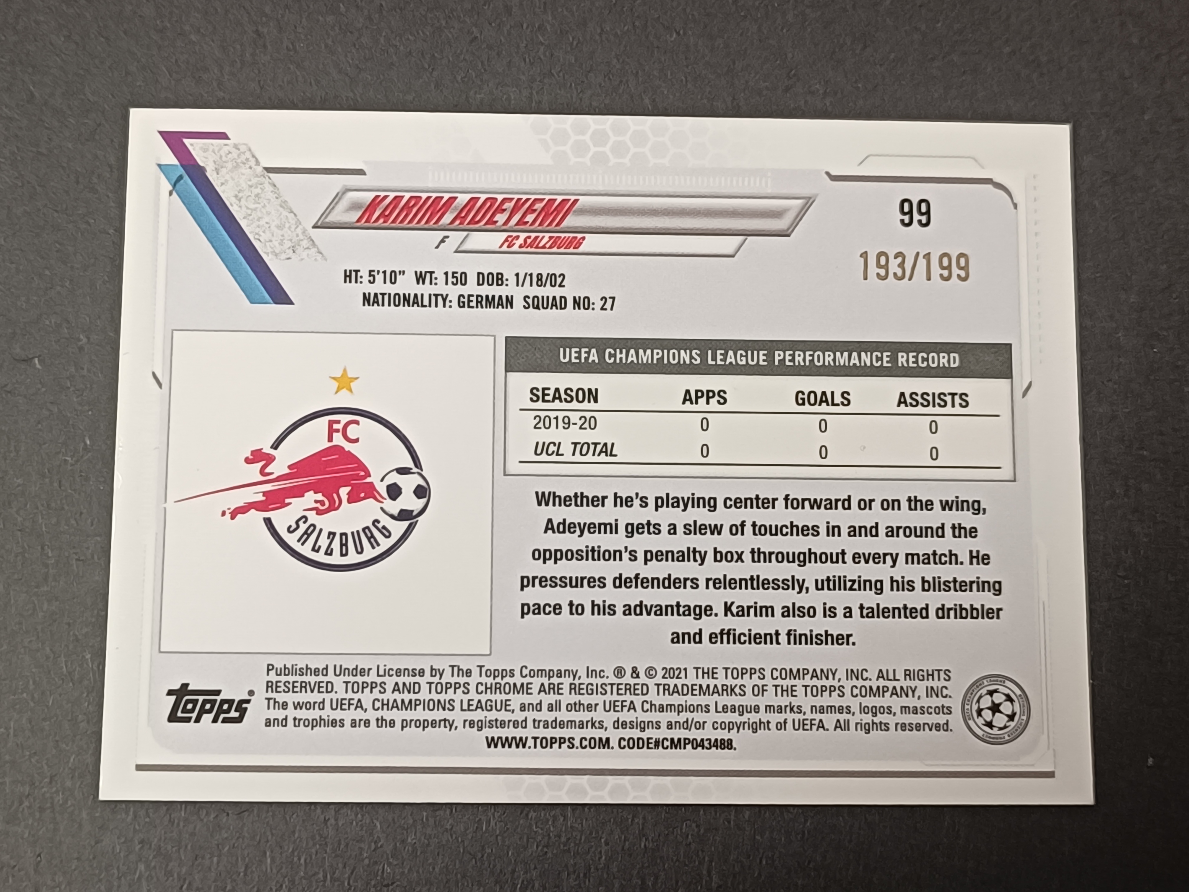 2020-21 Topps Chrome Karim Adeyemi RC 欧冠tc 萨尔茨堡红牛 德国跑车 阿德耶米 多特蒙德 199编 青折 收藏必备 卡品如图