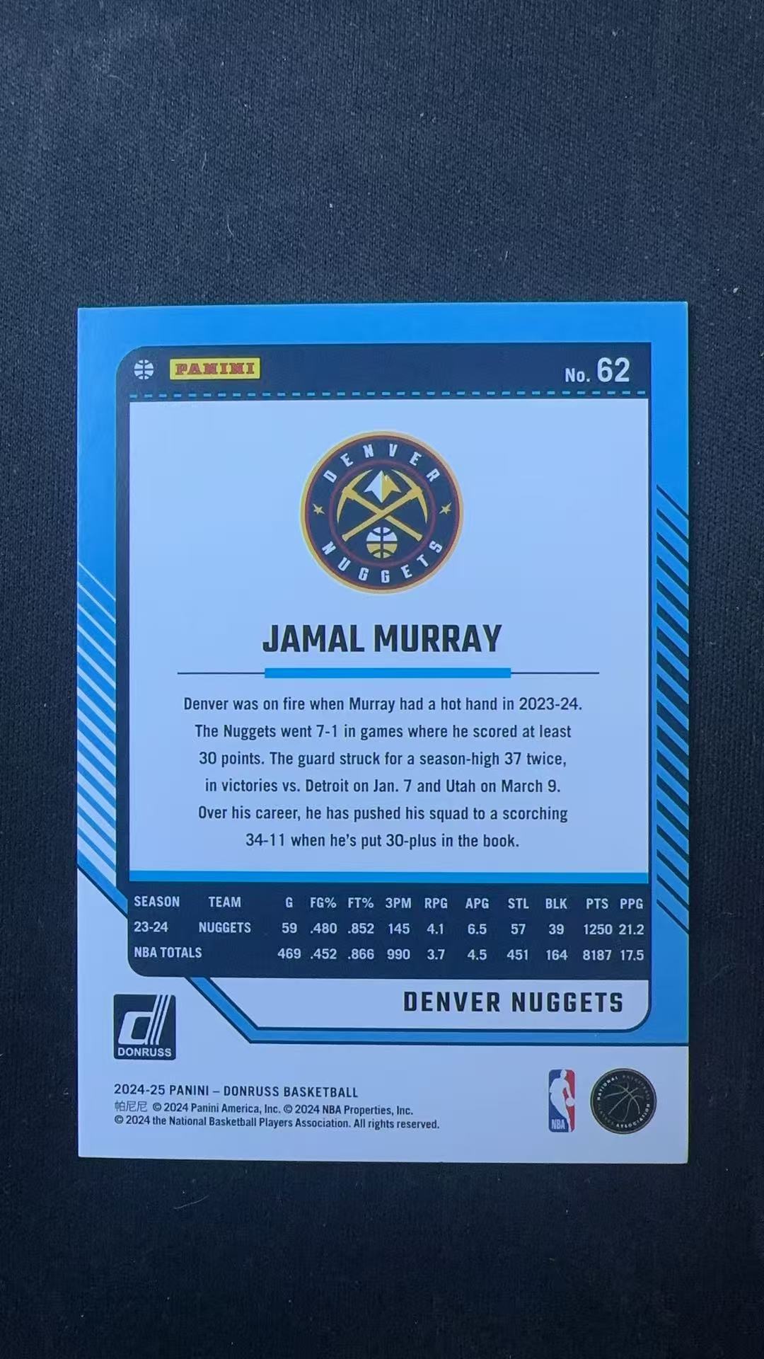 2024-25 Panini Donruss Jamal Murray #62杜蕾斯 掘金 穆雷 125编 风车折 卡品如图