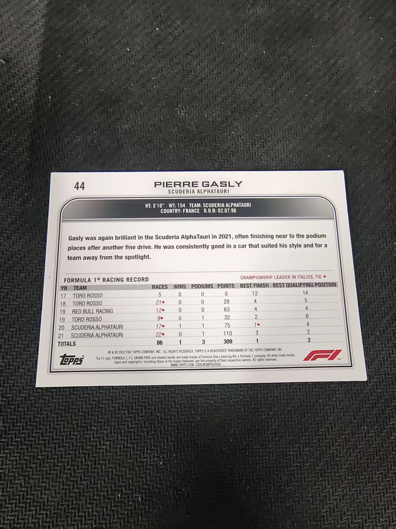 【汽水拍卖】2022 Topps Chrome F1 Pierre Gasly 皮埃尔 加斯利 划痕 边角瑕疵 @44