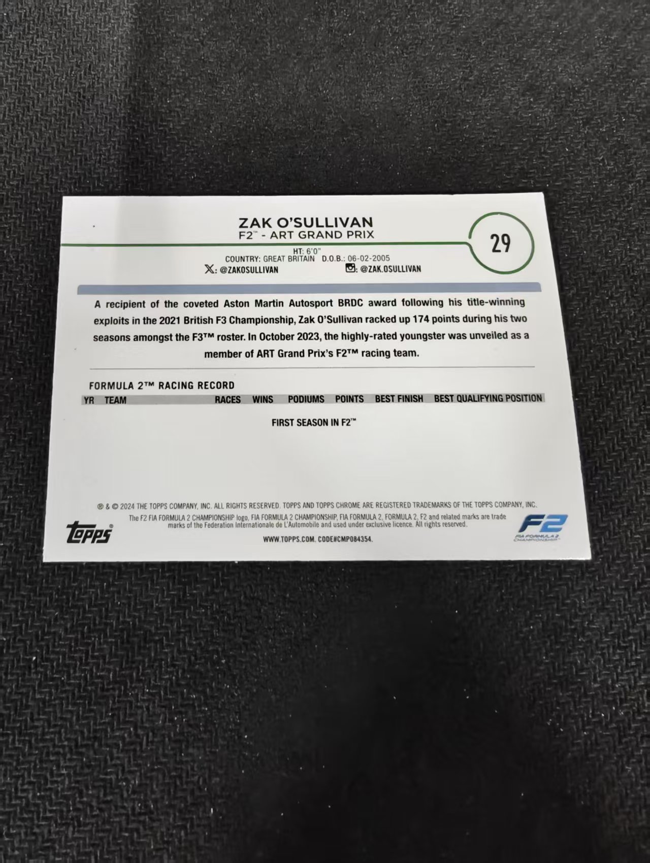 2024 Topps Chrome F1 Zak O'Sullivan 扎克 奥沙利文 F2 划痕 边角瑕疵 #29