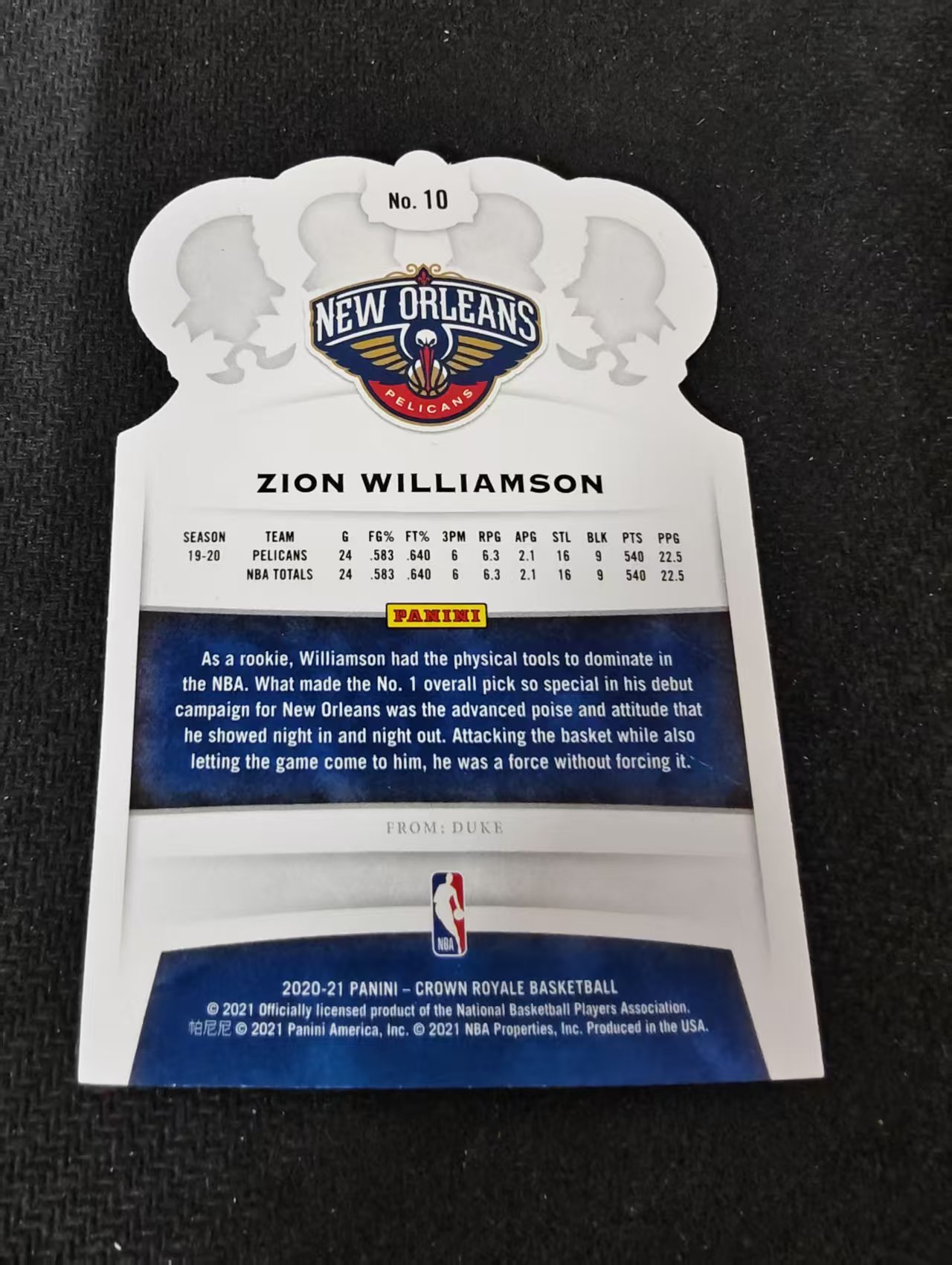 2020-21 Panini Crown Royale 鹈鹕 Zion Williamson 锡安 威廉森 胖虎 皇冠 异形 划痕 边角瑕疵 #10