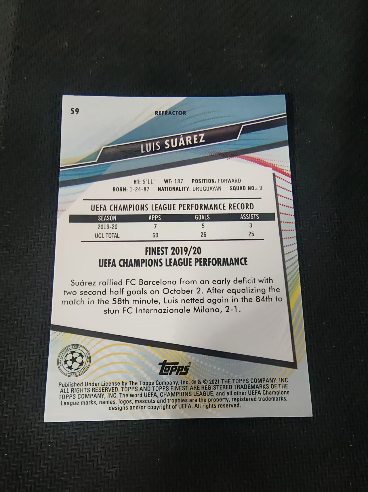 【可合并,不累计】2021 Topps Finest Luis Suárez 欧冠 马竞 马德里竞技 苏亚雷斯 银折 #59