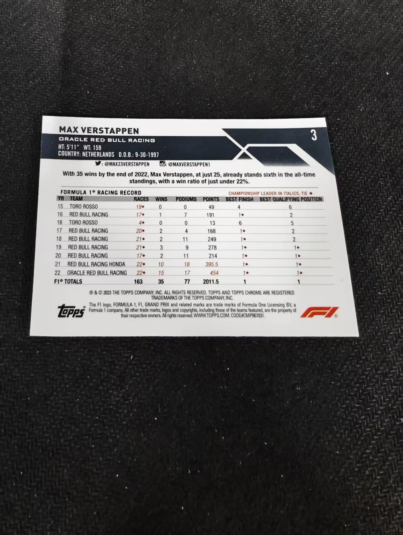 2023 Topps Chrome F1 Max Verstappen 维斯塔潘 红牛 划痕 边角瑕疵 #3