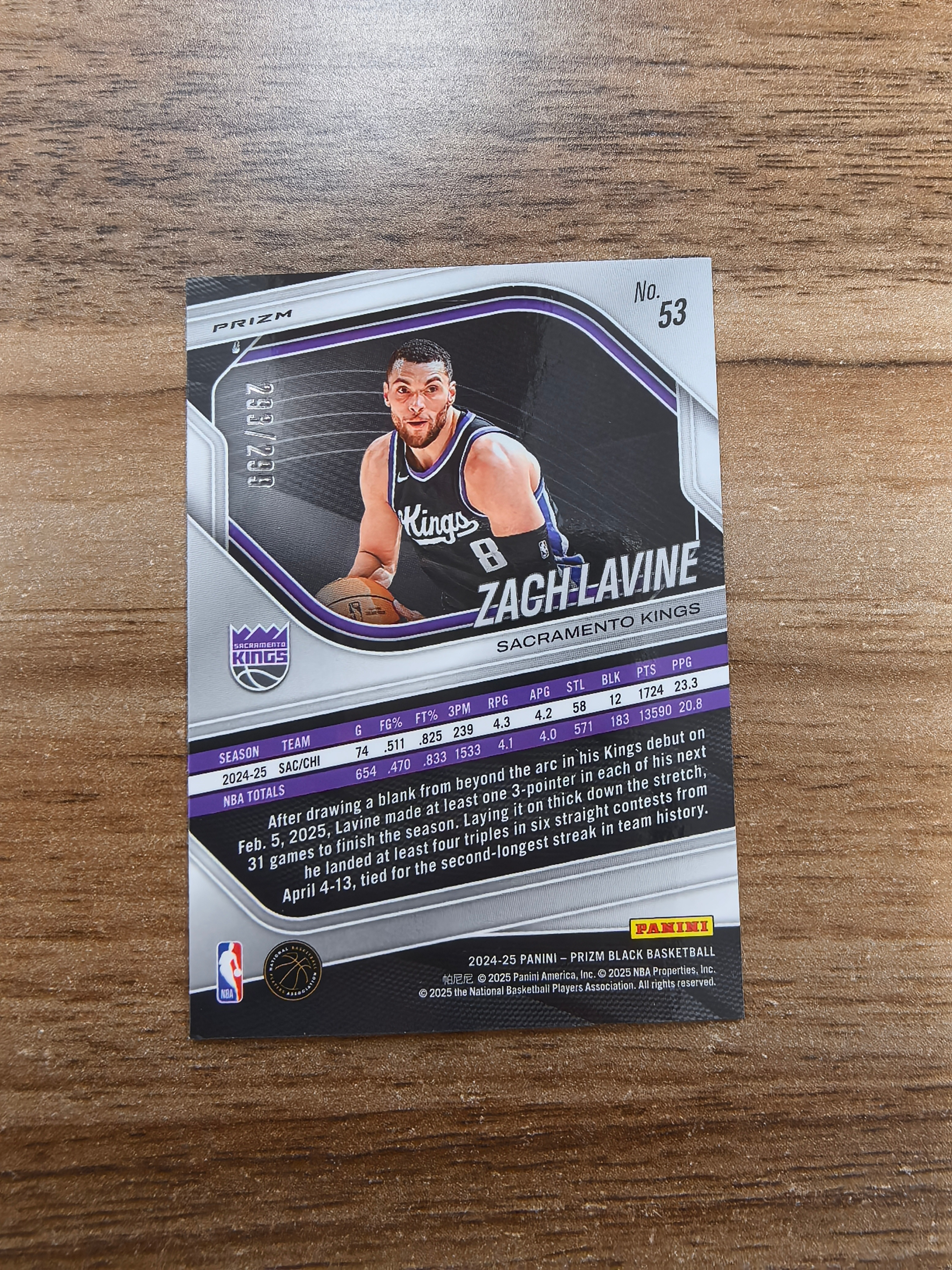 2024-25 Panini Prizm Black Zach LaVine 国王 扎克拉文 293/299编 红折 折射 实卡精美 卡品如图 收藏必入 流浪